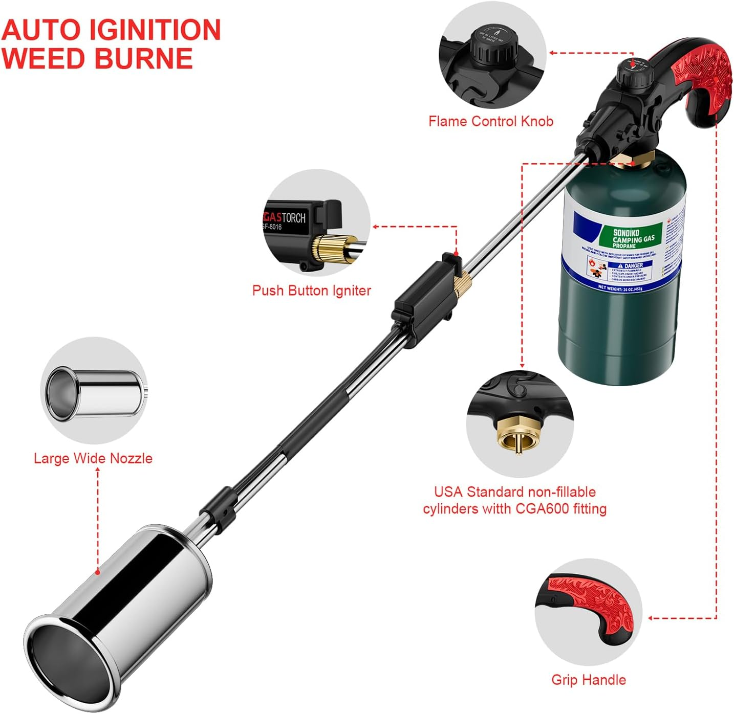 Sondiko Big Flame Propane Torch Head Kit, Weed Torch, Heavy Duty Blow Torch Detachable Propane Weed Torch with High Output 800,000 BTU for Garden Stumps Wood Ice Snow Roofing, Black & Red image number 4