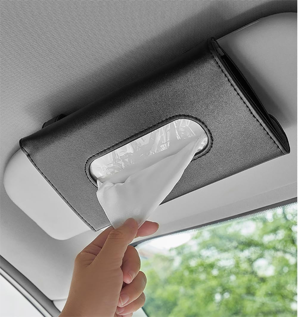 Custelen Premium Black Leather Tissue and Mask Holder for Car Sun Visor - Rectangular Napkin and Mask Dispenser image number 4