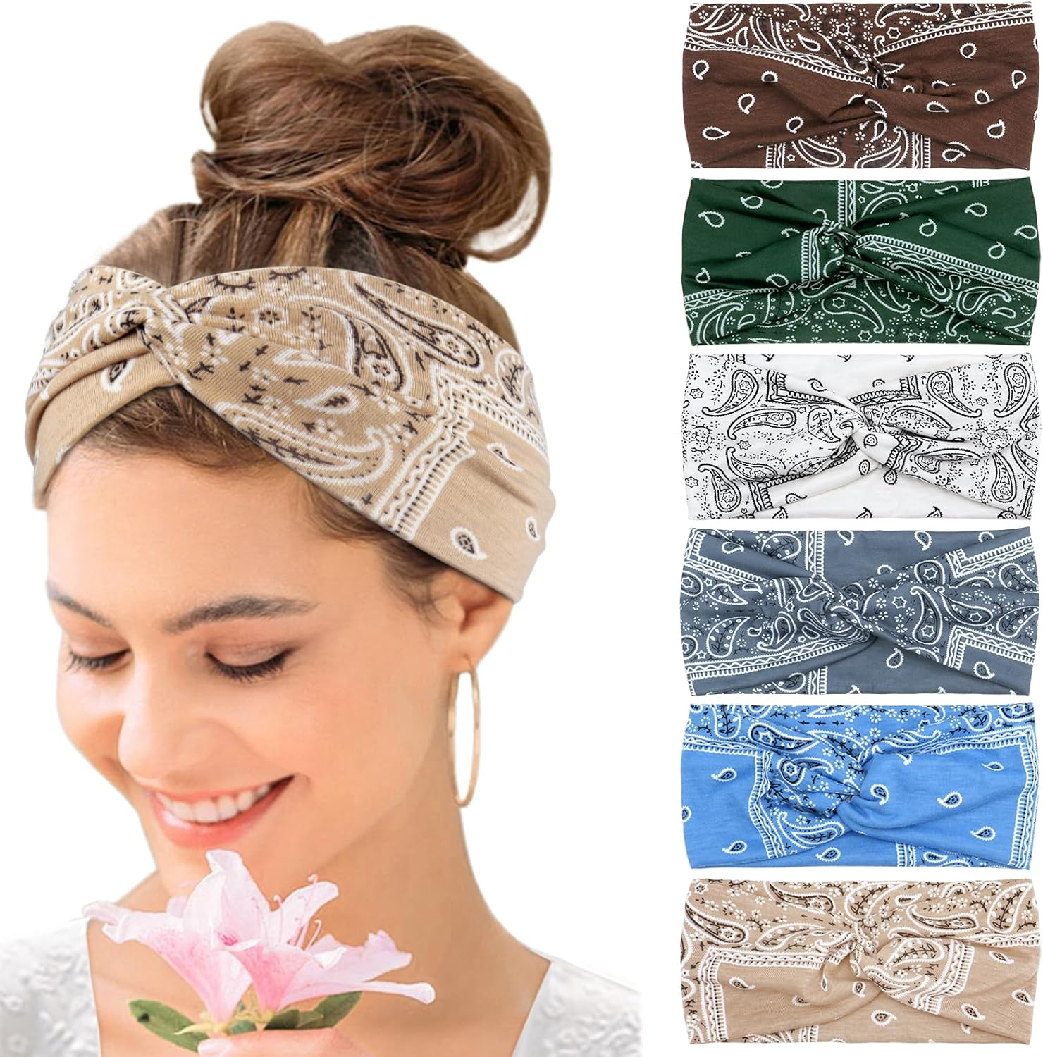 Women'S Hair Bands Wide Elastic Soft 6 Pieces Summer Boho Headband Print Hair Accessories Yoga Sports Hairband Multicoloured Thin Headbands (G) - Multi-Coloured 8 image number 5