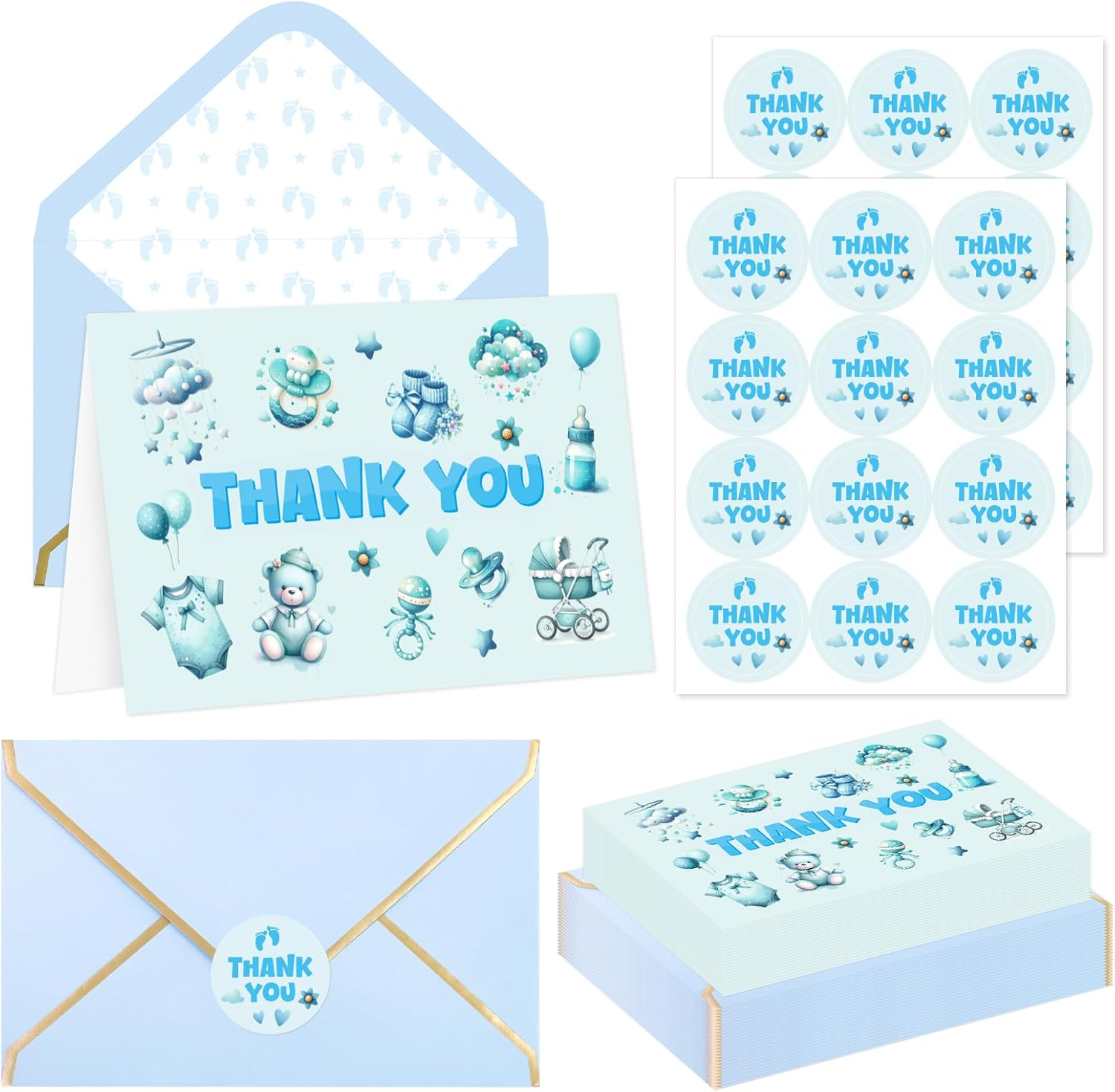 Ceiba Tree Baby Shower Thank You Cards for Boy Baby Shower Party Appreciation Blue with Stickers 24 Packs 4X6 Inch Blank Inside