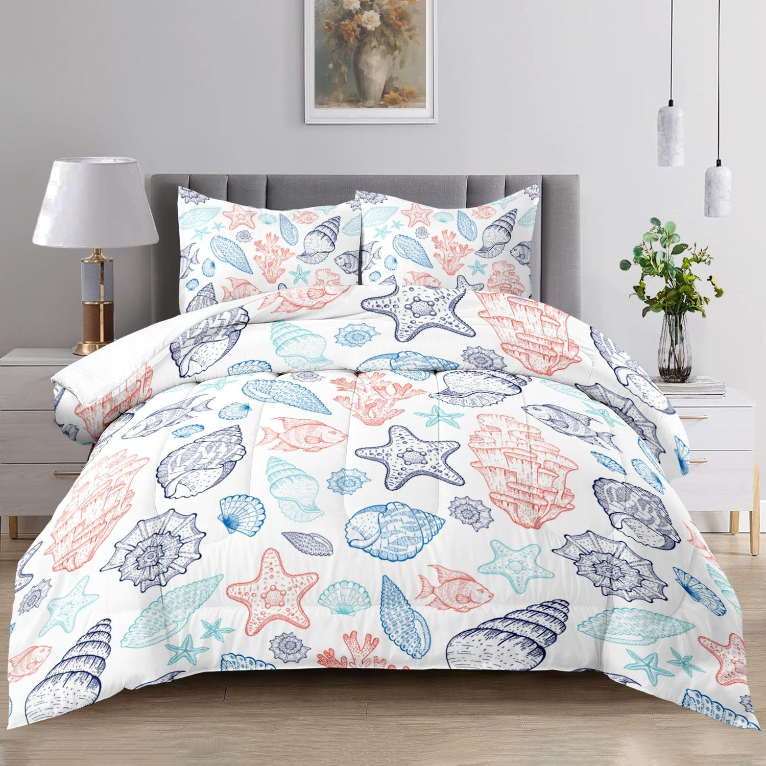 Raphus Cucullatus Sea Shell Bedding Comforter Set Twin, Ocean Bed Set, Coastal Beach Theme