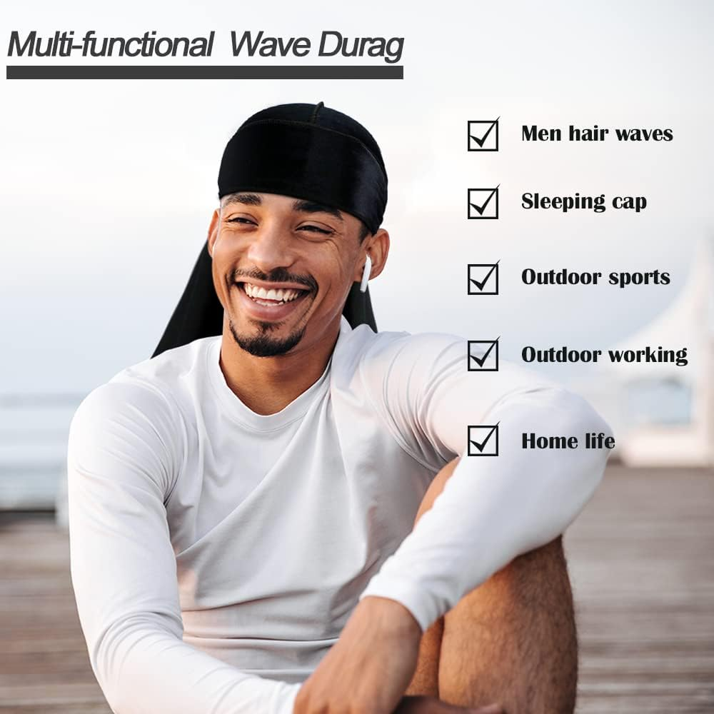 2 Pieces Velvet Durags for 360 Waves, Silky Doo Rag Durag Head Wraps with Extra Long Tail and Wide Straps for Men Women image number 1