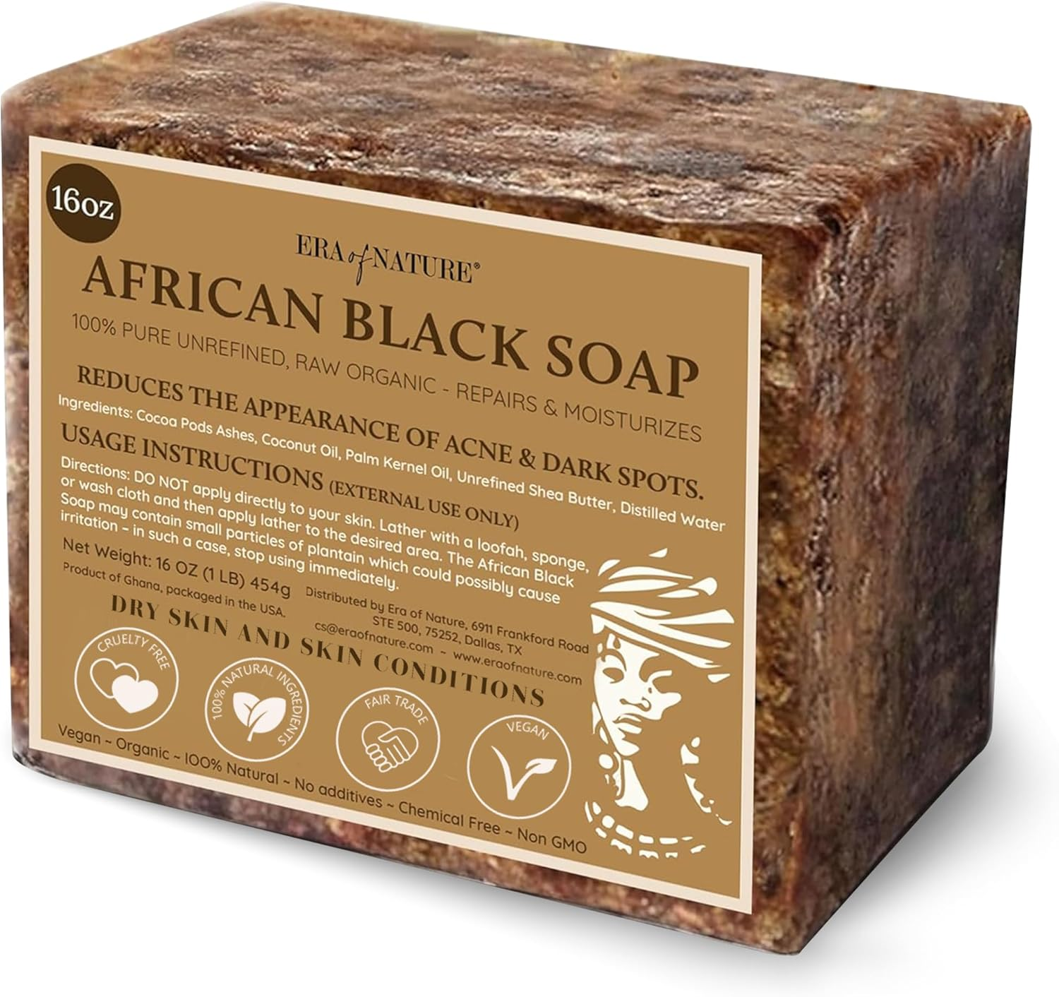 Era of Nature Best Raw ORGANIC AFRICAN BLACK SOAP, for Dry Skin and Skin Conditions. Pure & Natural Ingredients, Imported from Ghana - 1Lb (16Oz) image number 2