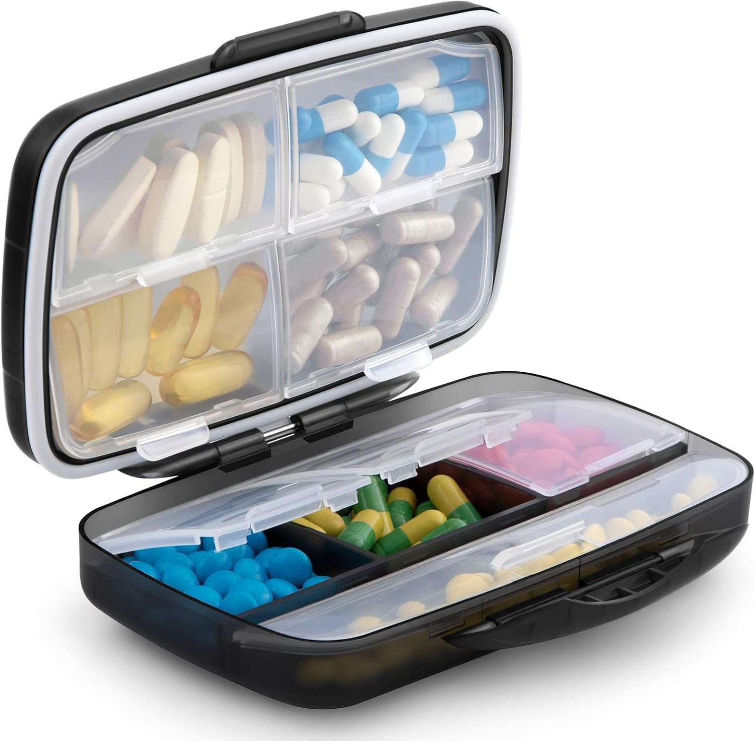 Travel Pill Organizer Large Portable Medication Organizer, Fullicon Oversize 8 Compartment Pill Box, Vitamin Travel Case Pill Holder - Airtight & Moistureproof (Black)