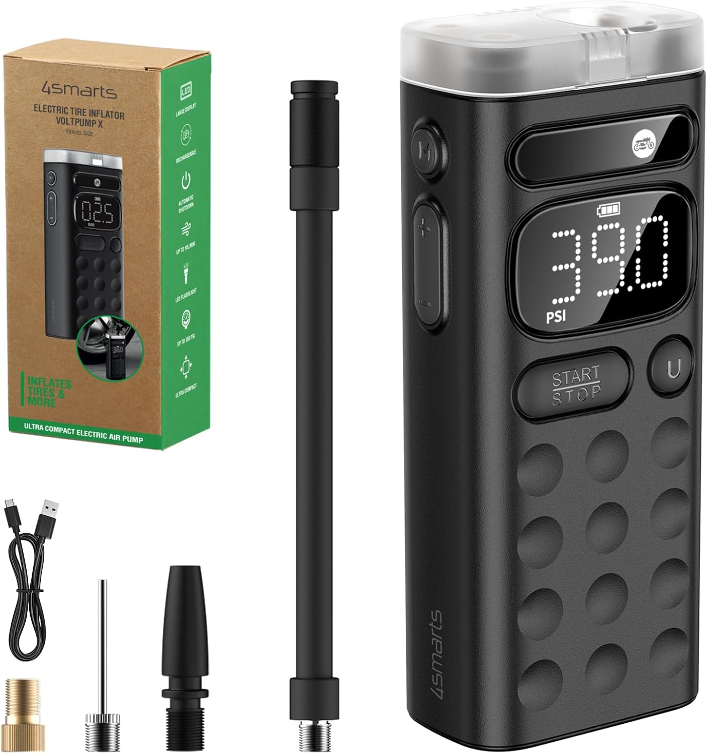 4Smarts Tire Inflator Portable Air Compressor, Electric Pump with Built-In Storage, 150 PSI Auto Shut-Off, Digital Display, USB-C Fast Charging for Car, Bike, Motorcycle, Ball, Pool Toys, Voltpump X image number 6