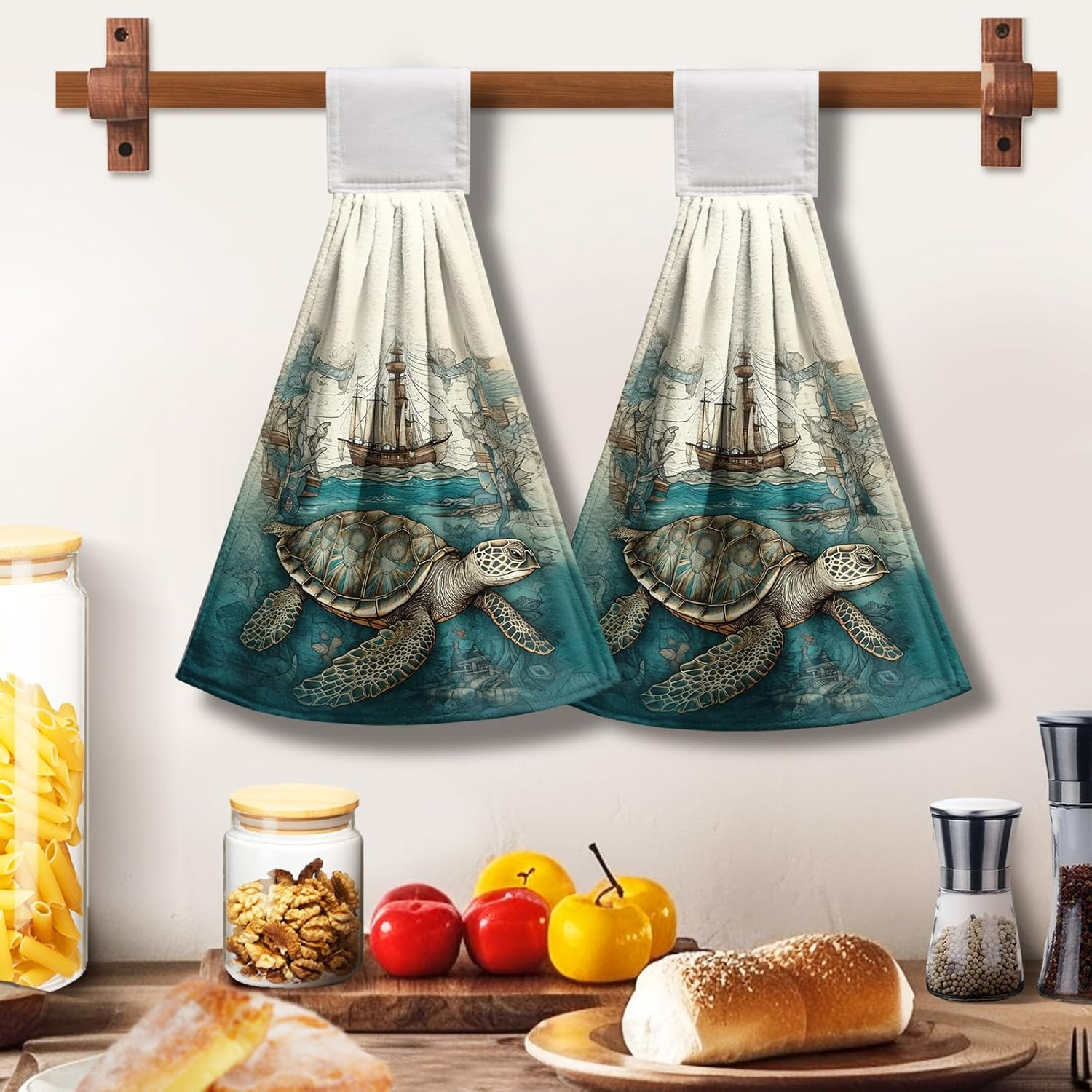 Cneztholim Sea Turtle Hanging Kitchen Towels Set of 2 Summer Ocean Turtle Hand Towel with Loop Coastal Tortoise Sailboats Hanging Dish Towels Absorbent Tie Towel for Bath Kitchen Home - Blue Coral image number 7