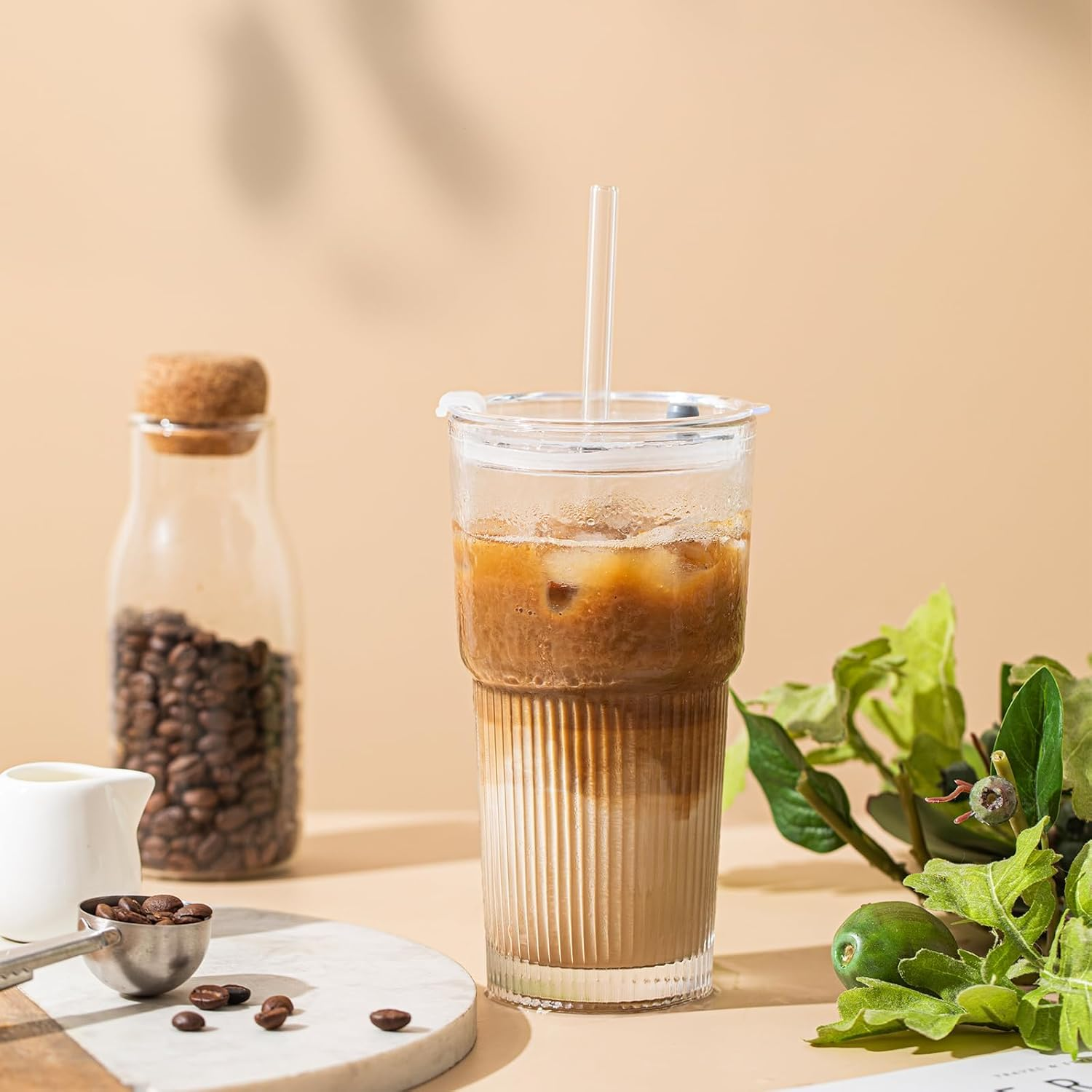 600Ml Glass Drinking Cups with Lids and Straws, Set of 2, Stylish Ribbed Design Drinking Glasses for Iced Coffee, Cold Beverages (2) image number 2