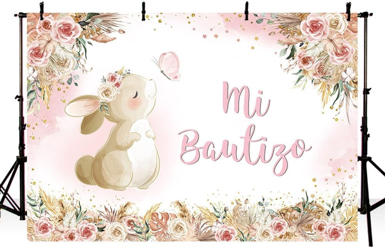 MEHOFOND 2.1 X 1.5 M Girls Christening Background Rabbit My First Communion Cross Bohemian Flower Photography Background Dove Communion Church Christening Party Decoration Banner Studio Supplies image number 1