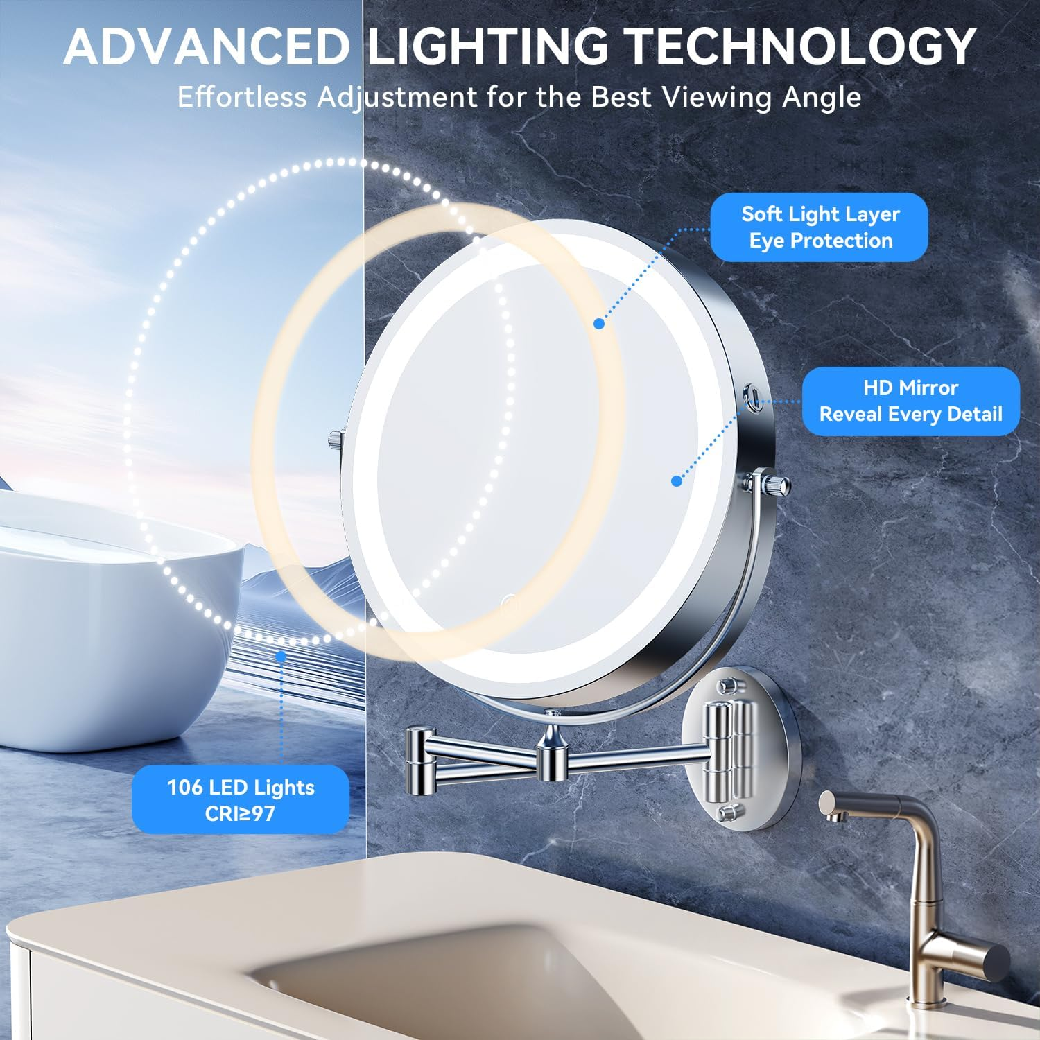 Auxmir Make-Up Mirror with Light, 1X/30X Rechargeable Make-Up Mirror Shaving Mirror Wall Mount, 5000 Mah Double-Sided Magnifying Mirror with 3 Light Colours, Touch Screen