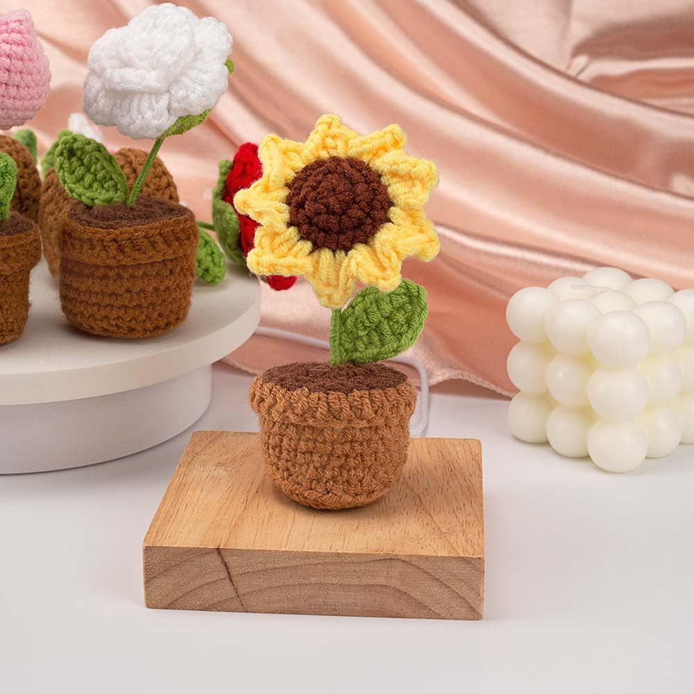 Handmade Crochet Flowers,Small Potted Knitted Desk Decorations Home Decoration Car Dashboard Decorations Crochet Artificial Flower (Sunflower) image number 6