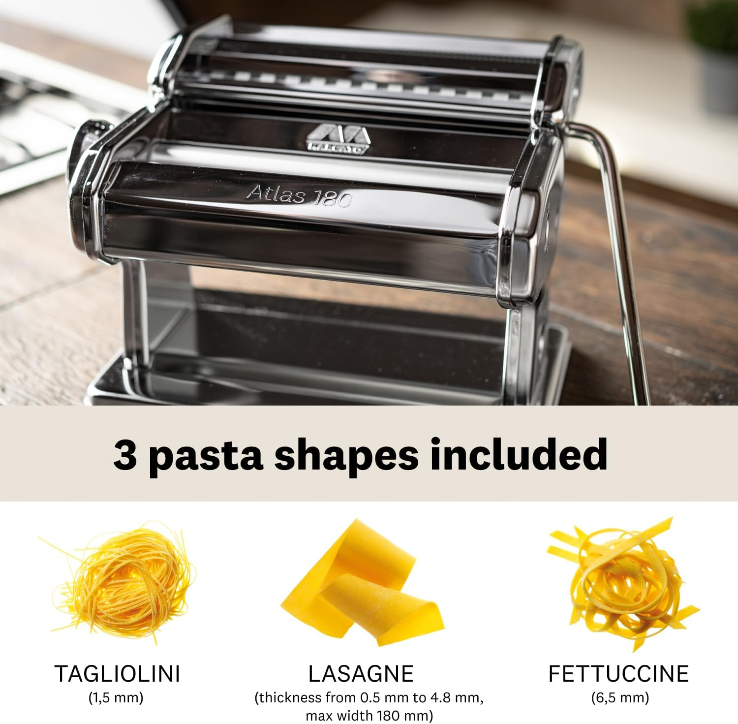 Marcato Atlas 180 Pasta, Made in Italy, Stainless Steel, 180-Millimeters Wide, Includes Machine with Cutter, Hand Crank, and Instructions