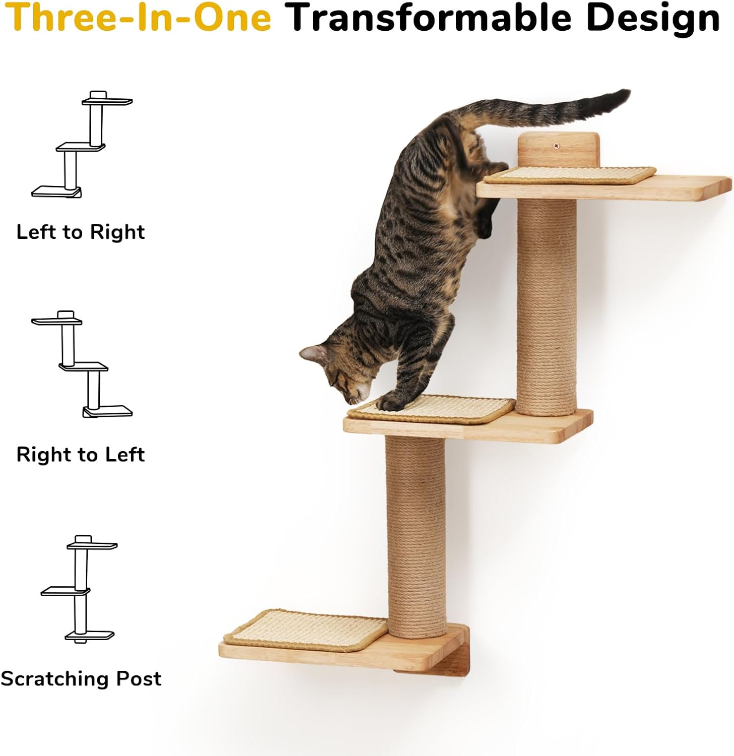 FUKUMARU Cat Wall Shelves, 3 in 1 Transformable Cats Scratching Post Wall Mounted, DIY Kitten Walls Jungle and Perch Platform Supplies, Suit for Climb, Play, Nap, Scratch image number 5