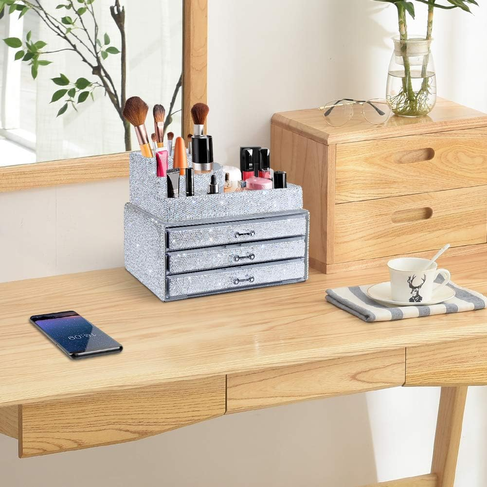 Makeup Organizers Drawer,Jewelry Cosmetic Storage Display Boxes, Makeup Brush Holder, Cosmetic Holder,Bling Diamond Countertop Jewelry Case,2 Pieces Set (Purely Handmade)(White)&hellip; image number 3