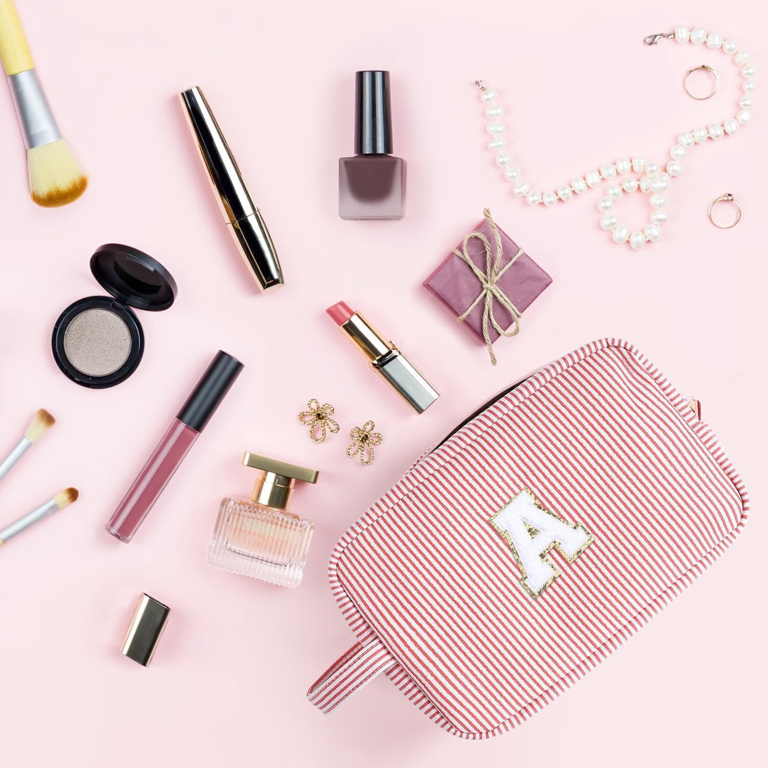 Personalized Initial Makeup Bag, A-Z Large Travel Make up Bags, Cute Pink Letter Bag Preppy Monogram Bag Organizer Bride Bridesmaid Cosmetic Bag Gifts (Pink, G, One Size) image number 2