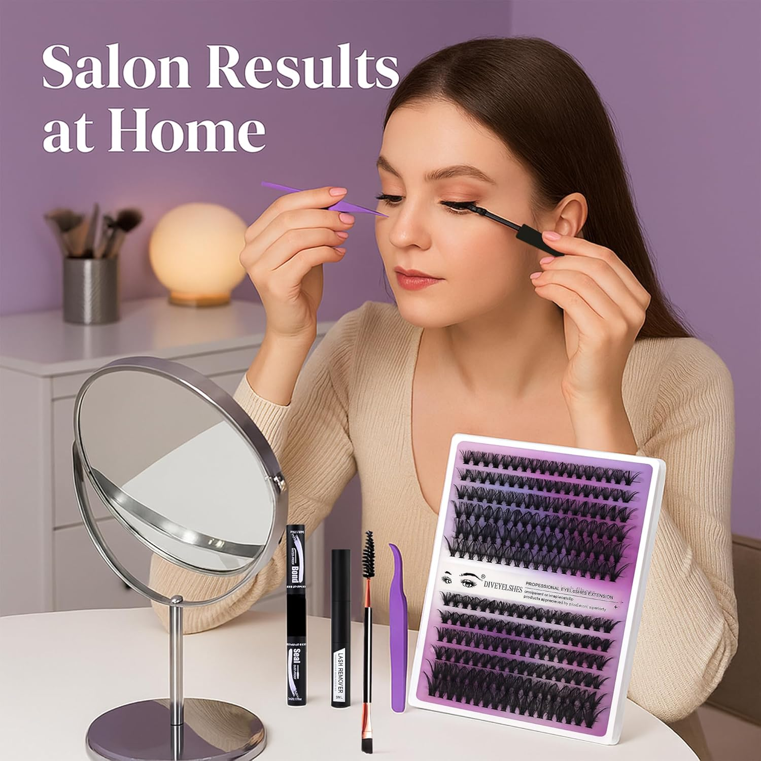 DIY Lash Extension Kit 240Pcs 30D 40D 10&ndash;14Mm, Waterproof Lash Clusters with Bond & Seal, Tweezers & Brush, Purple Packaging, At-Home Eyelash Extensions for Beginners & Professionals image number 1