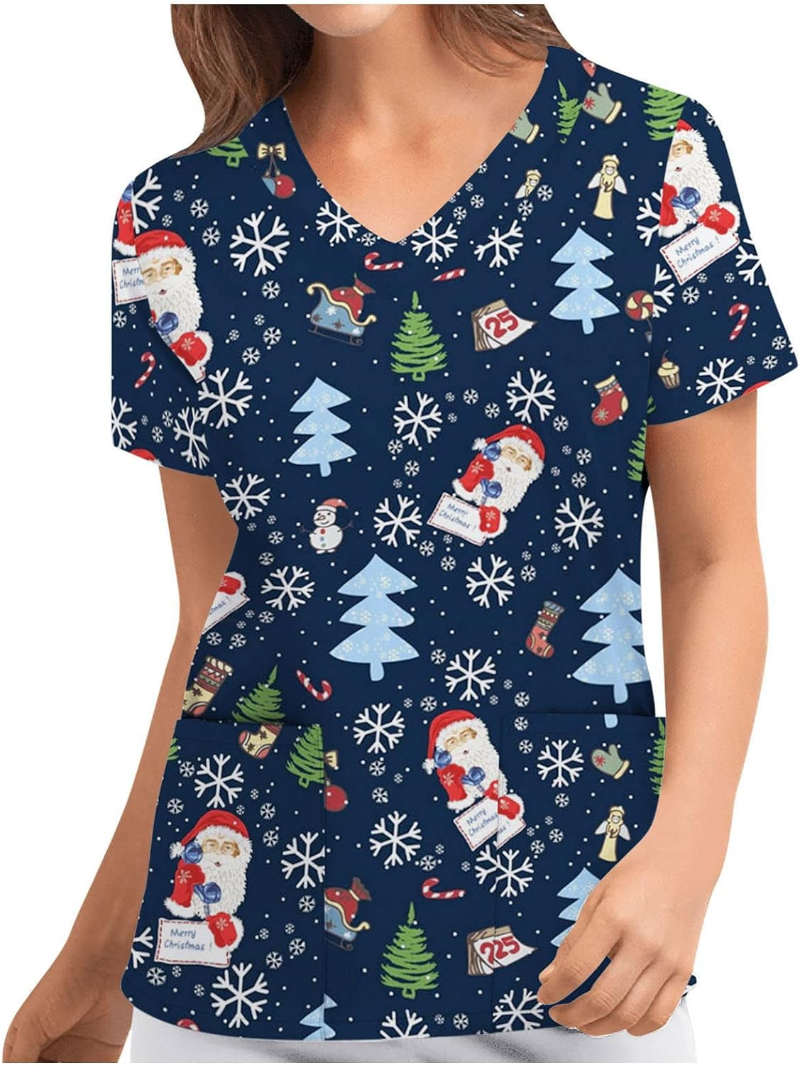 Women'S Christmas V-Neck Short Sleeve Nursing Uniform Xmas Santa Gifts Printed Workwear Holiday Graphic Tees Blouse Scrubs Tops with Pockets image number 5