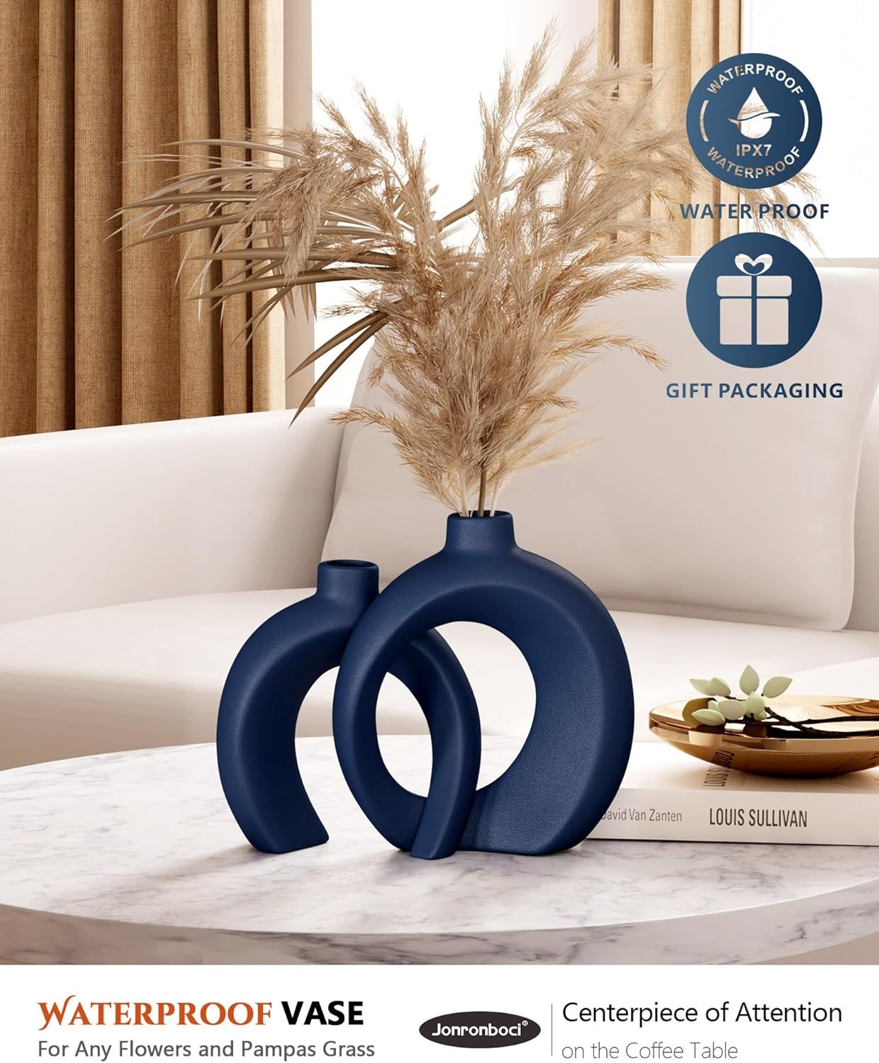 Matte Ceramic Blue Vase Set of 2 - Snuggle Hollow Navy Blue Decor for Living Room, Vases Home Decor for Coffee Table Sofa Table Entrance Shelf or Console Fireplace Mantel Decor (Matte Navy Blue) - Matte Cream White image number 4