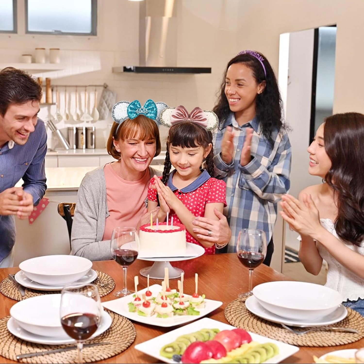 Socathey 2PCS Mouse Ears Headband for Women & Girls, Shiny Sequin Bow Mouse Headbands for Birthday Party & Theme Paradise (Red & Dot Red) - Red-02 image number 3