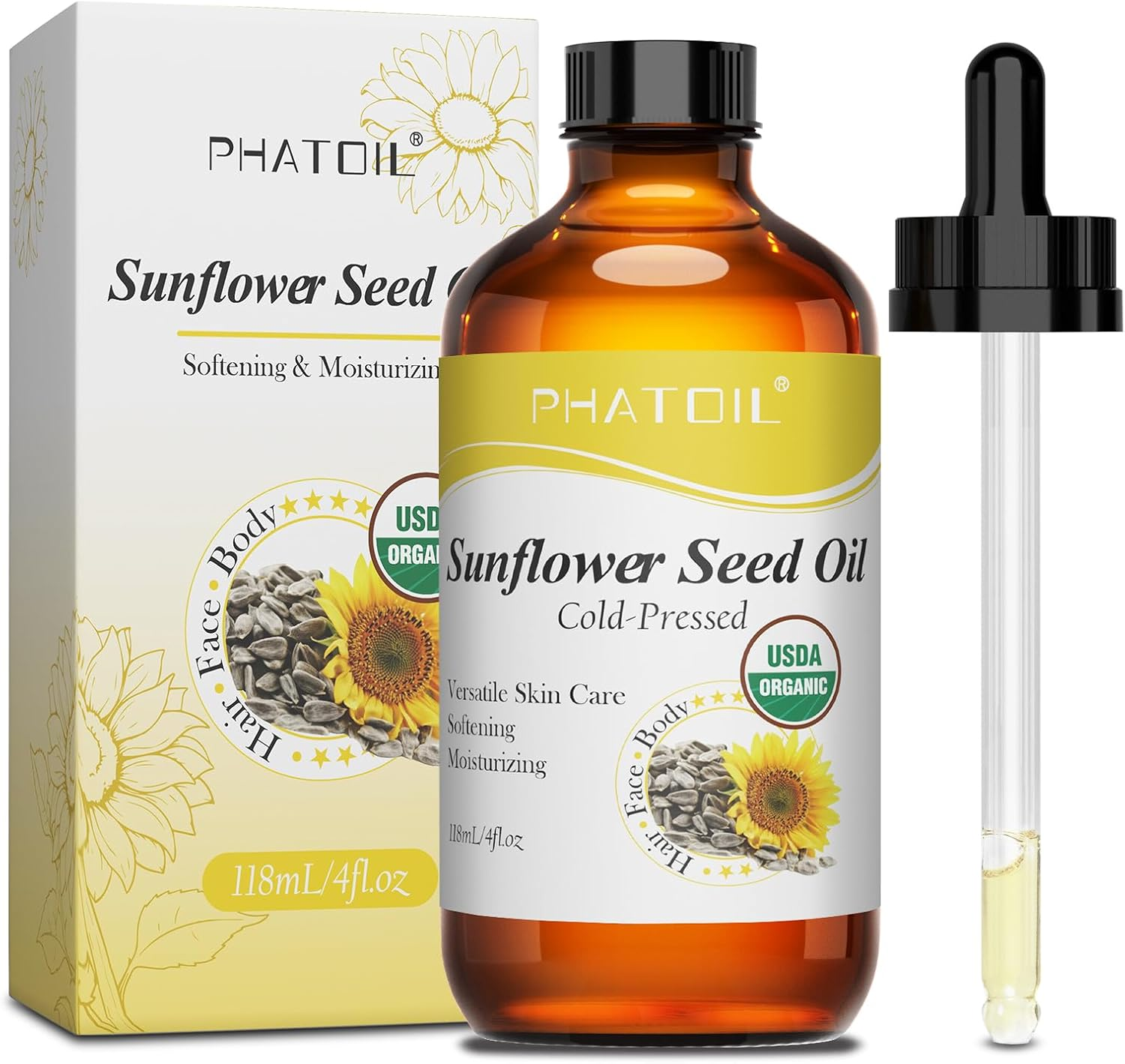 PHATOIL Organic Sunflower Seed Oil for Skin 118 Ml (4 Fl.Oz), USDA Certified Organic, Cold Pressed Sunflower Oil in Glass Bottle for Hair, Body Moisturizer, Carrier Oil for DIY, Massage