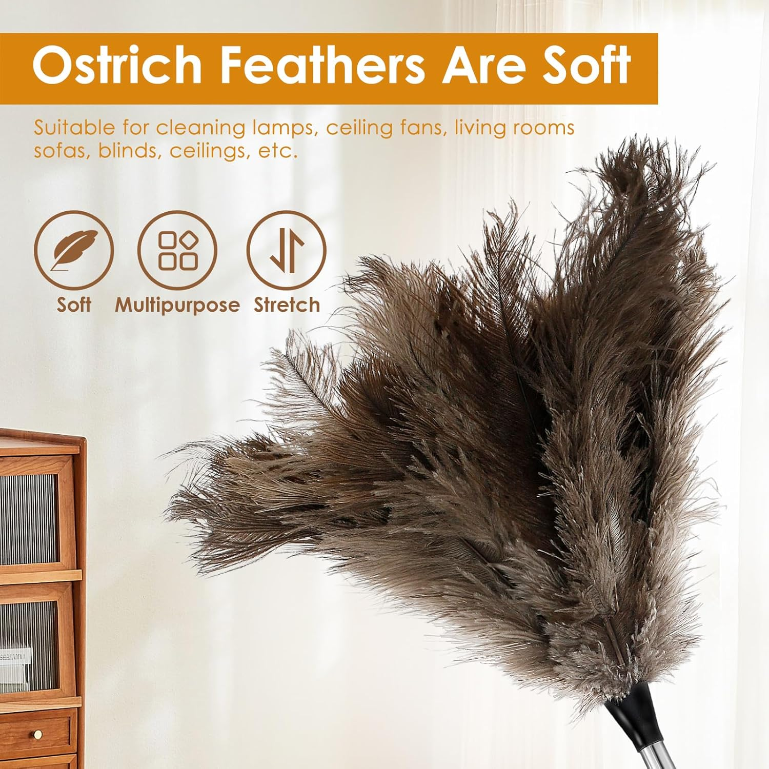 Extendable Feather Duster with Long Handle, Efficient Feather Cleaner Fluffy Ostrich Duster Tool for Cleaning Ceiling Fan Blinds Furniture image number 2