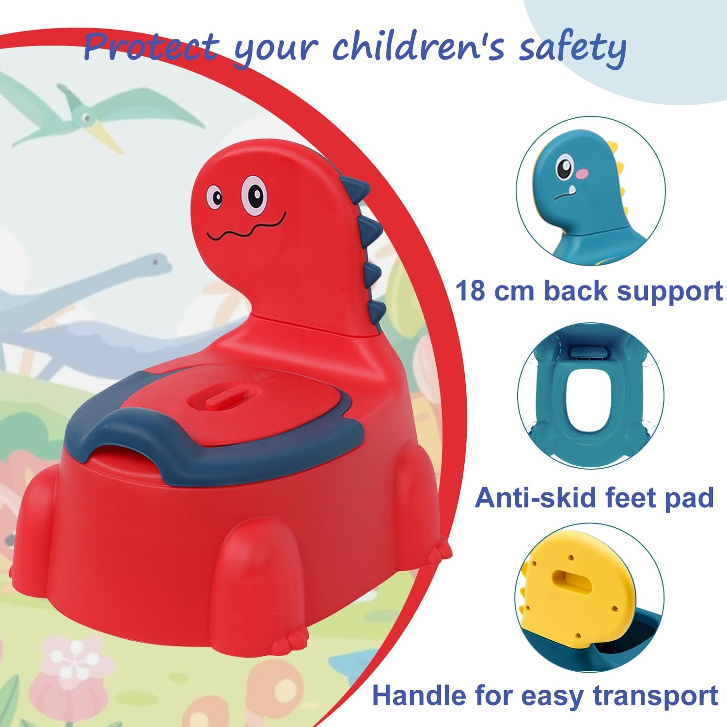 Dinosaur Potty Training Seat - Comfortable Toddler Potty Toilet Seat with Non-Slip Mat, Backrest & Soft Lid, Portable Potty Training Chair for Boys & Girls 1-6 Years, Safe Toddler Potty Chair (Red) image number 2