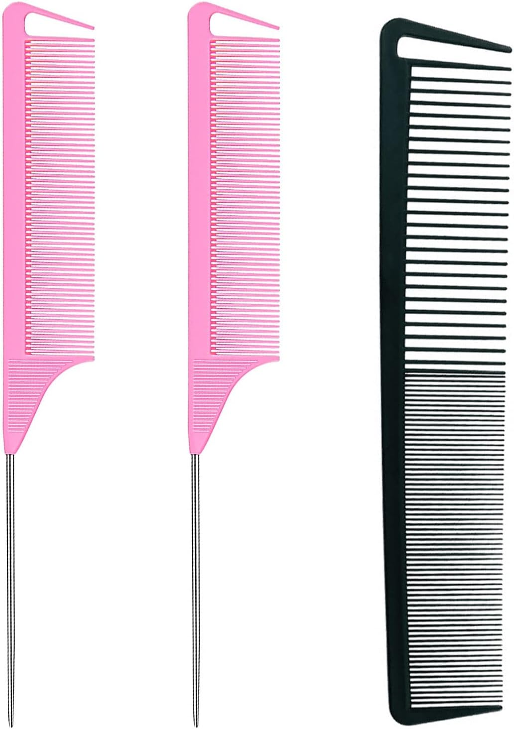 3 Pcs Rat Tail Comb Parting Comb for Braids Barber Styling Combs Carbon Fiber Teasing Combs Stainless Steel Pintail Comb for Women Men Fine Teeth Salon Hairdressing Hair Care Tools (Black+Black+Black)