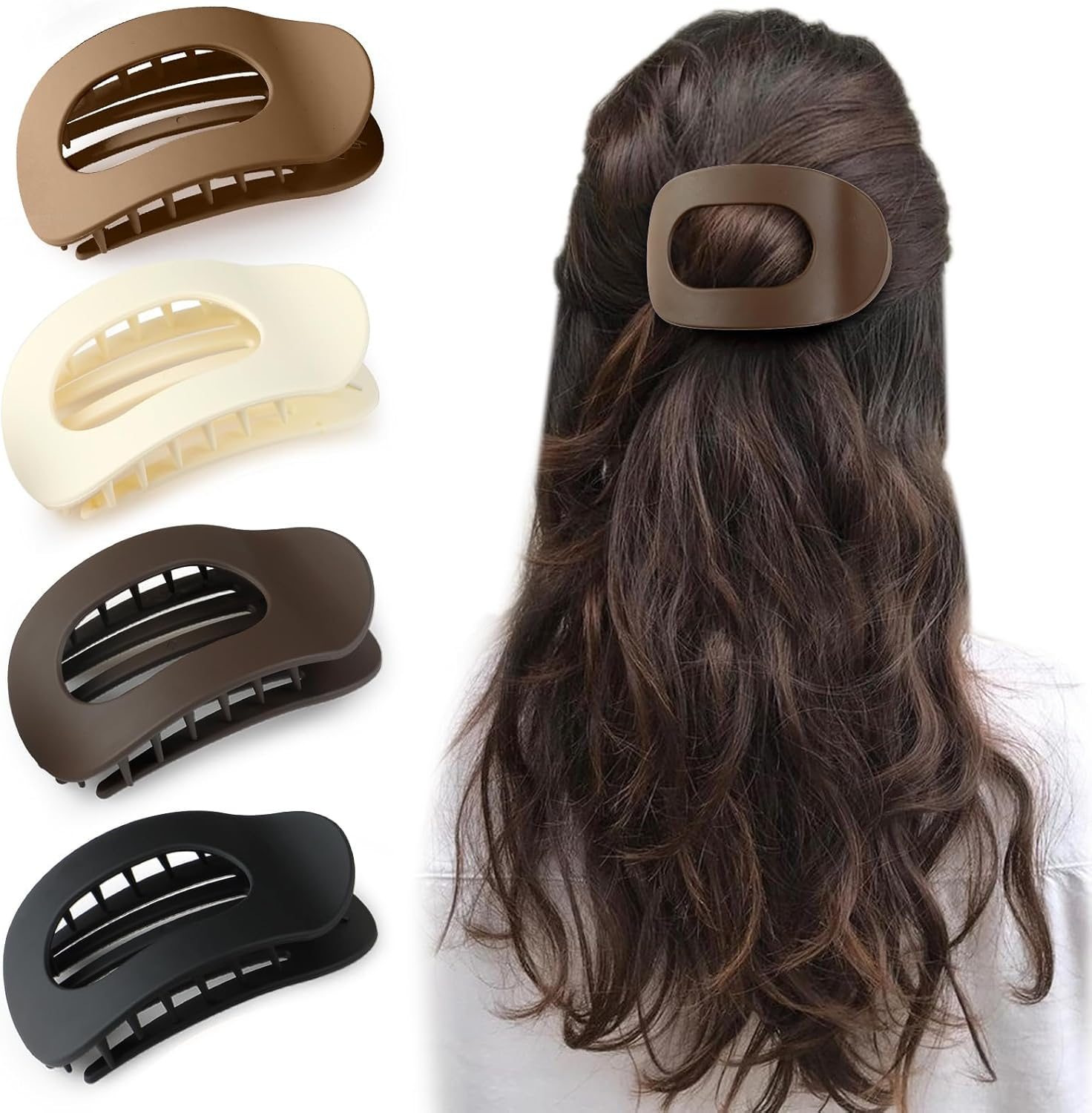 4 Pieces Flat Hair Claws for Women, Strong Hold Women Hair Clips Ladies, Matte Large Hair Clip for Thin and Thick Hair, Curved Design for Lying and Driving (Neutral) image number 1