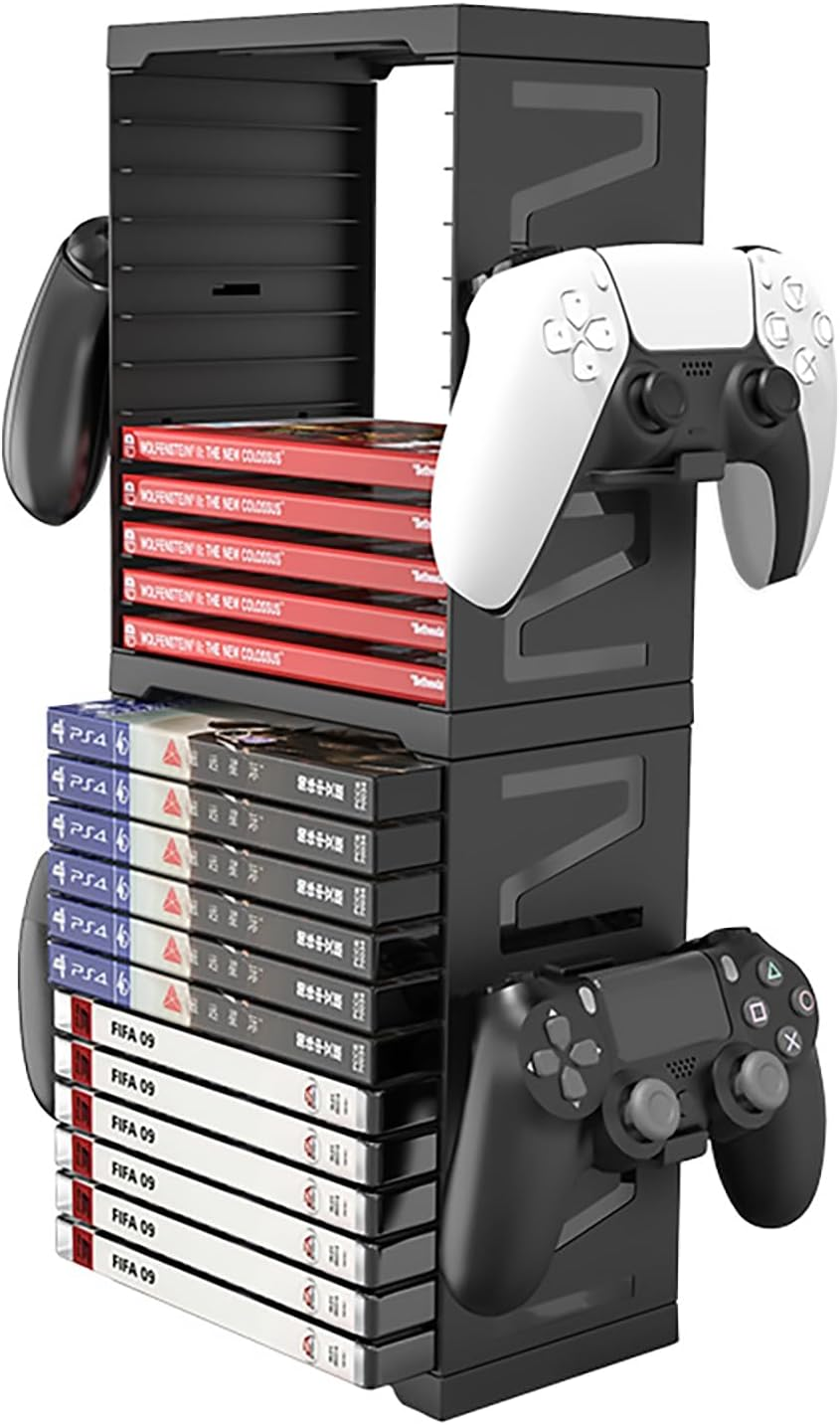 HONCAM Video Game Storage Tower for PS5 PS4 Xbox Nintendo Switch Games, Universal Video Games Discs Organizers 24 PCS with 4 Controllers Holder, Game Disk Box Stand Rack Accessories image number 3