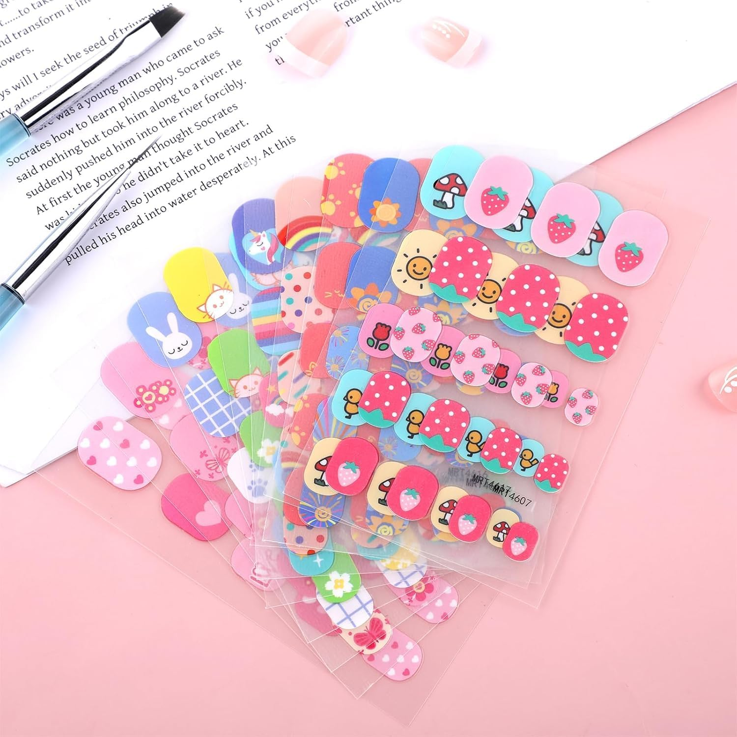 PQCLXUYA 10 Pcs Colorful Kid Nail Stickers Full Nail Wraps for Kids Girls 3D Self Adhesive Nail Strips Including Rainbow Cat Rabbit Flower Strawberry Heart Sun with 2Pcs Nail Files for Age 8 and Older image number 4