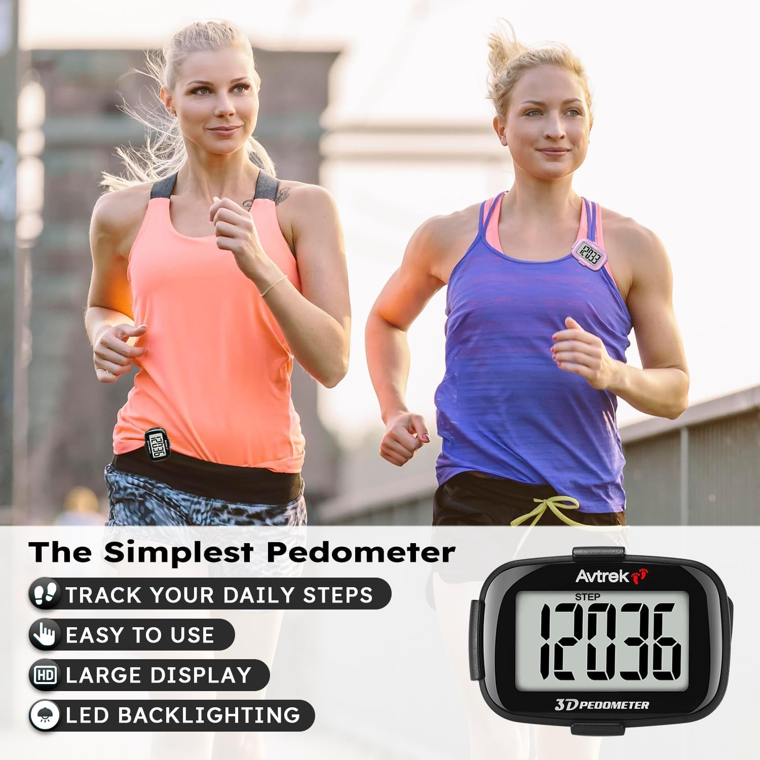 AVTREK Accurate 3D Step Counter for Walking Jumbo Screen Numbers Pedometer Clip on for Running with Time Display and LED Backlight Pedometers with Clip and Lanyard&hellip; - Black image number 2