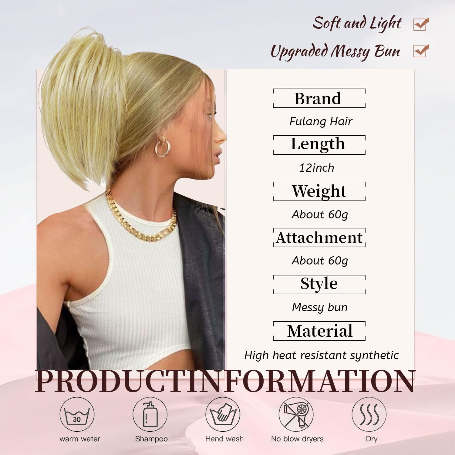 Fulang Hair Pack of 2 Ponytail with Clip Hairpiece with Elastic Band Large Bun Claws Clip Hairpiece Messy Bun Hairpieces Wavy Natural Synthetic Hair Scrunchie Women image number 3