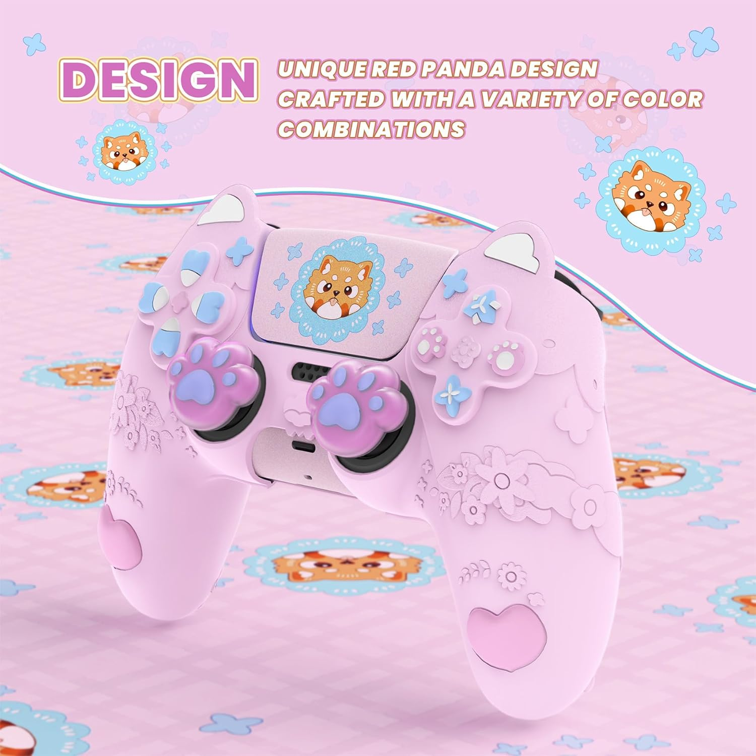 Playvital Cute Spring Lesser Panda Silicone Cover for Ps5 Controller with Joystick Cap and Sticker, Anti-Grip Shockproof Skin, Compatible with Charging Station, Cotton Candy Pink image number 2
