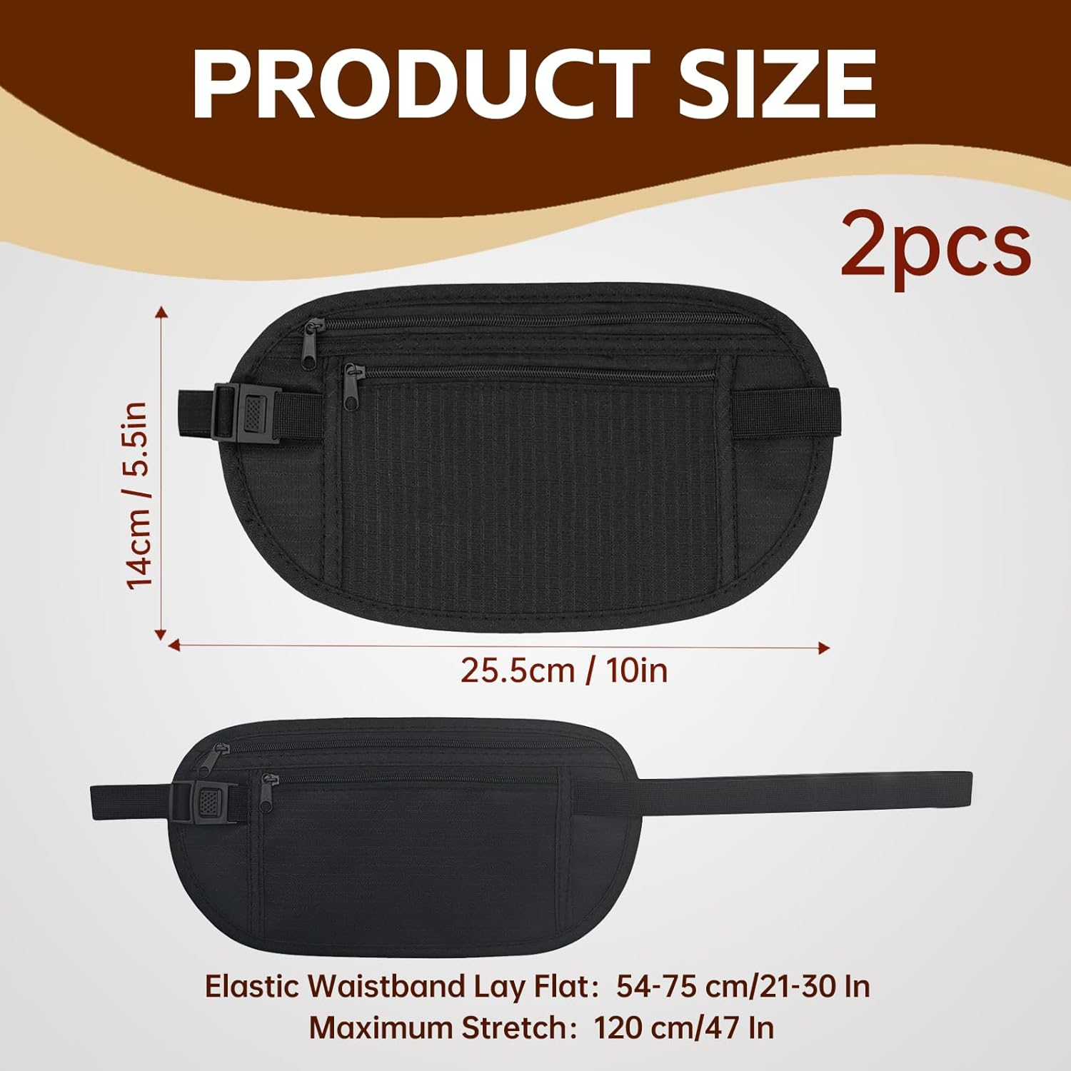 2PCS Money Belt, Ultralight RFID Blocking Money Belt Secure Hidden Travel Neck Wallet Undercover Fanny Pack Waist Money Pouch with Adjustable Elastic Strap for Men Women Travel Running Hiking Cycling, image number 5