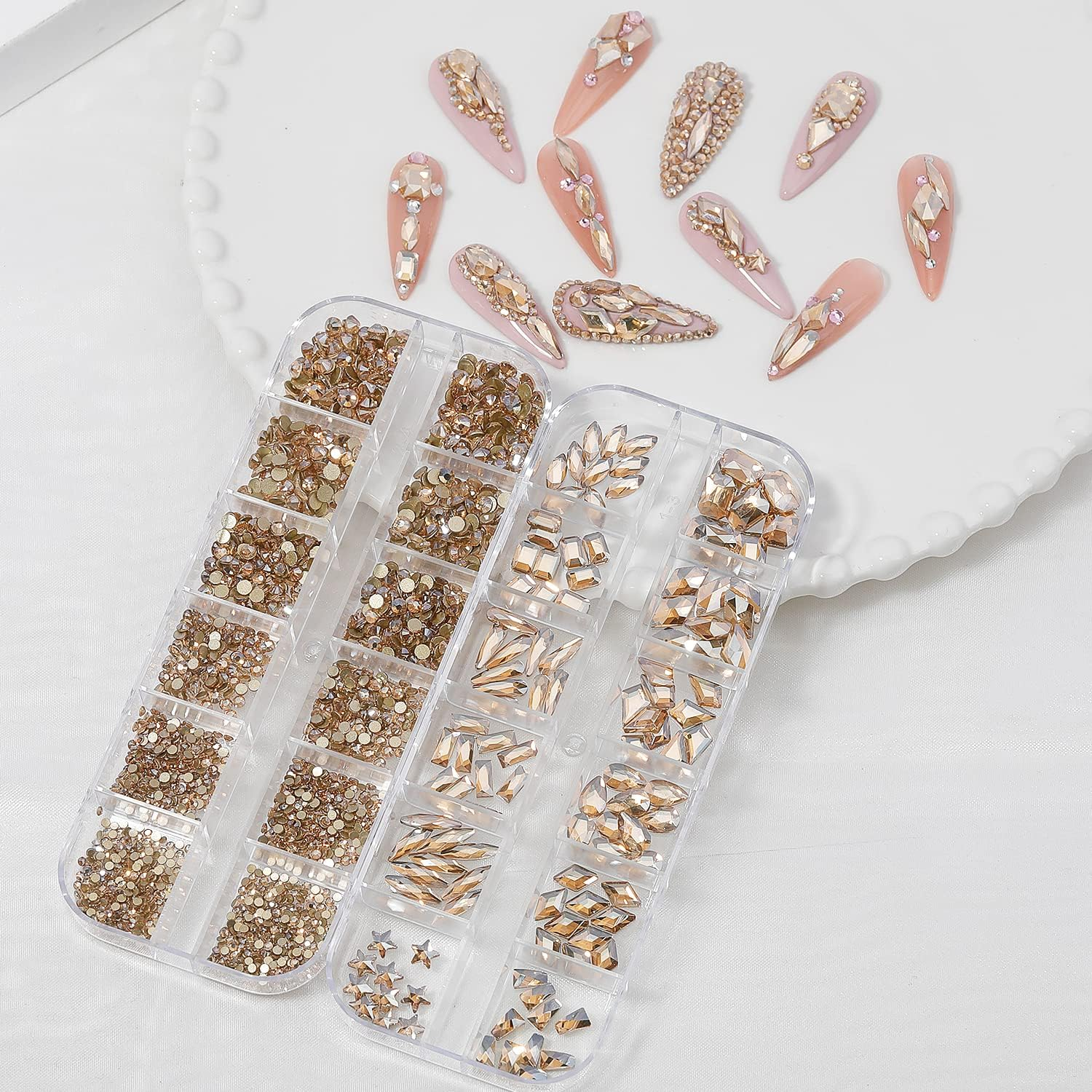 HNUIX Nail Rhinestones - 3D Multi Shape Size Crystal, Champagne Gold Nail Gems, Flat Back, with Kit, for Nail Art, DIY Decorations image number 2