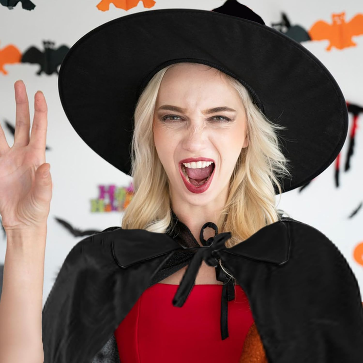 2Pcs Halloween Hooded Cloak Witches Hat Adult, 140Cm Halloween Black Hooded Cape Halloween Witch Hat Grim Reaper Cape Pointed Wizard Hat for Men Women Halloween Witch Vampires Costume Cosplay Party image number 1