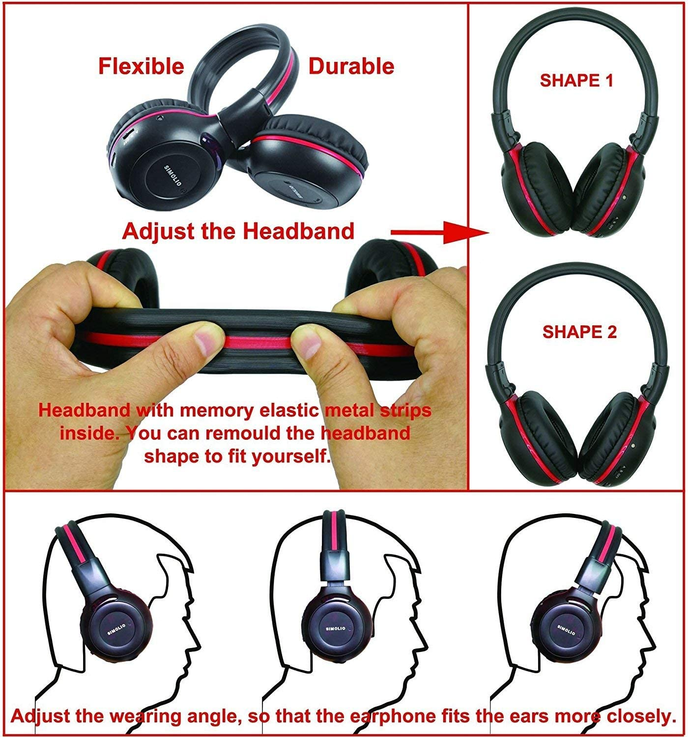 SIMOLIO 2 Pack of Wireless Car Headphones, 2 Channel IR Wireless Headphones for Kids, in Car Wireless DVD Headphones with Storage Bag for Universal Rear Entertainment System, Not for 2017+ Pacifica image number 3