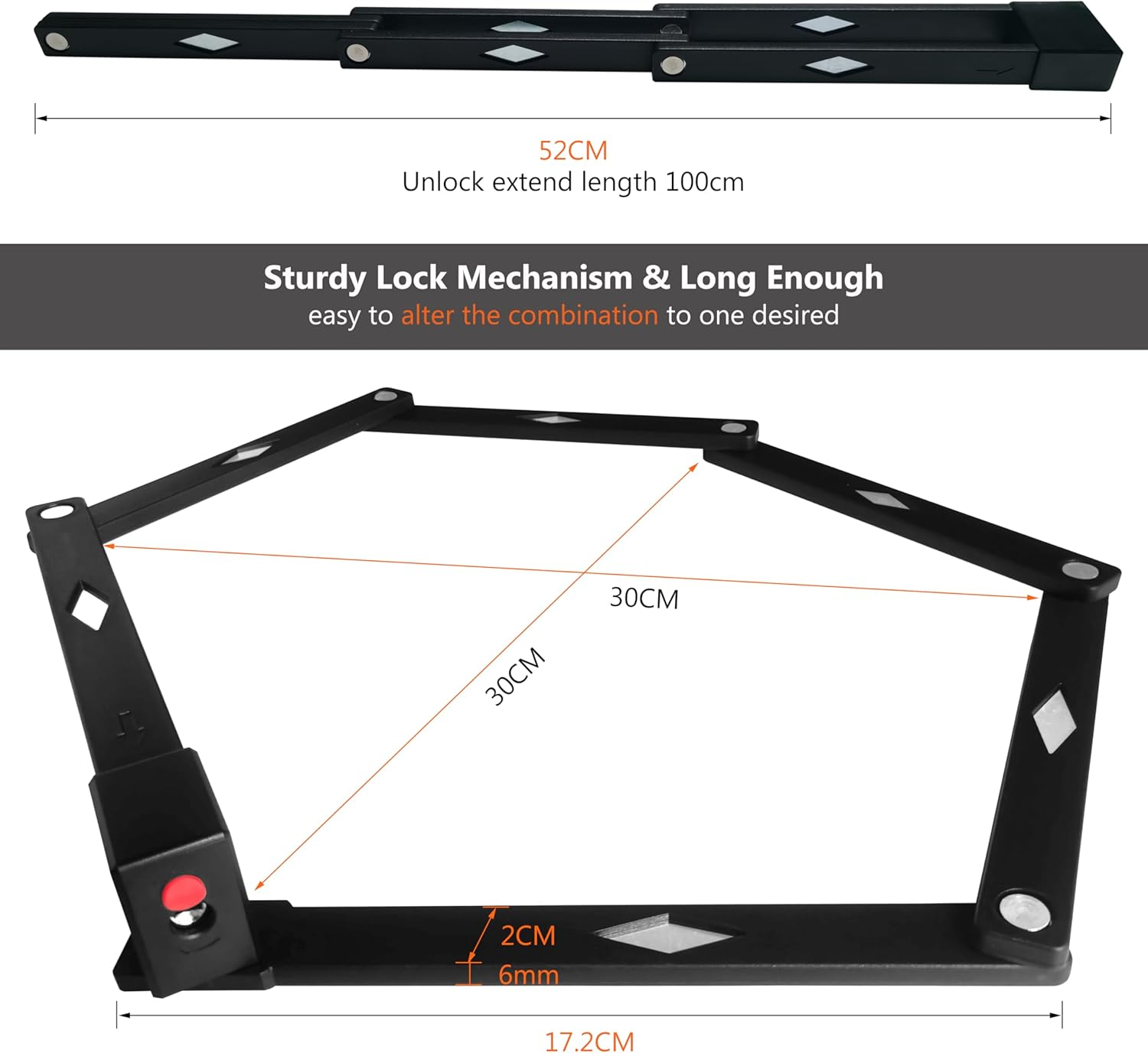 Reelau Folding Bike Lock, Alloy Steel Hinged Arms Bike Lock for MTB Road Bike Heavy Duty Foldable Bike Chain Lock Anti-Theft Bicycle Folding Lock with Bracket Bicycle Lock Strong Security image number 5