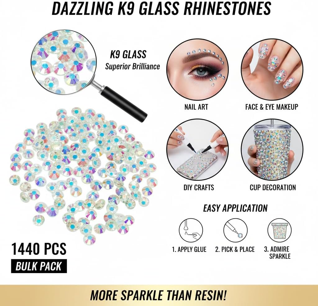 1440Pcs 4.8Mm Clear AB Rhinestones for Nail Art, Compatible with UV/LED Lamp, Transparent Nail Gems for DIY Crafts - Ruibex image number 3