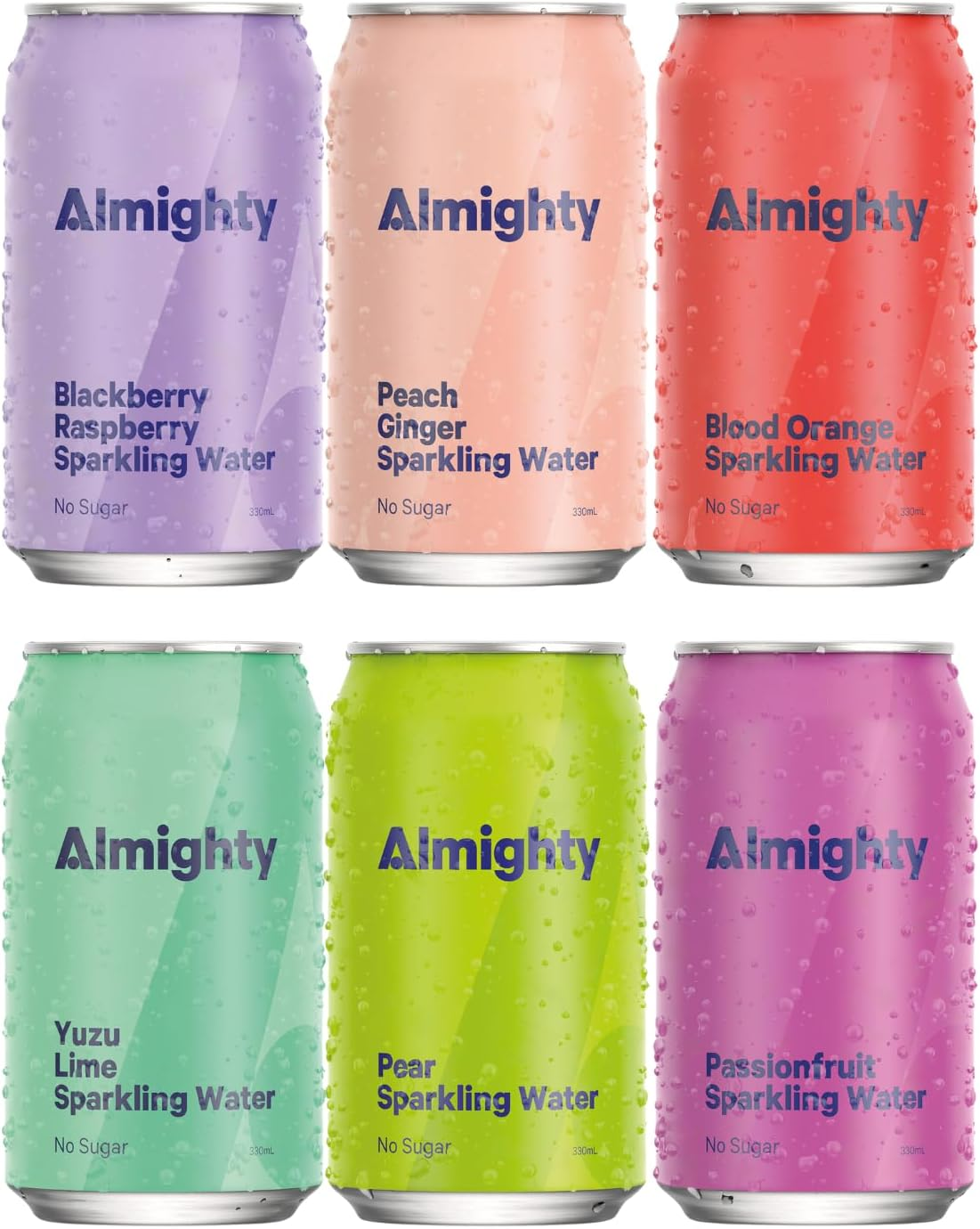 Almighty Party Mix Sparkling Water 330Ml - 24 Pack, X4 Blood Orange, X4 Passionfruit, X4 Yuzu Lime, X4 Peach & Ginger, X4 Pear, and X4 Blackberry & Raspberry! Sugar Free, Low Calorie, Vegan - Natural Flavour