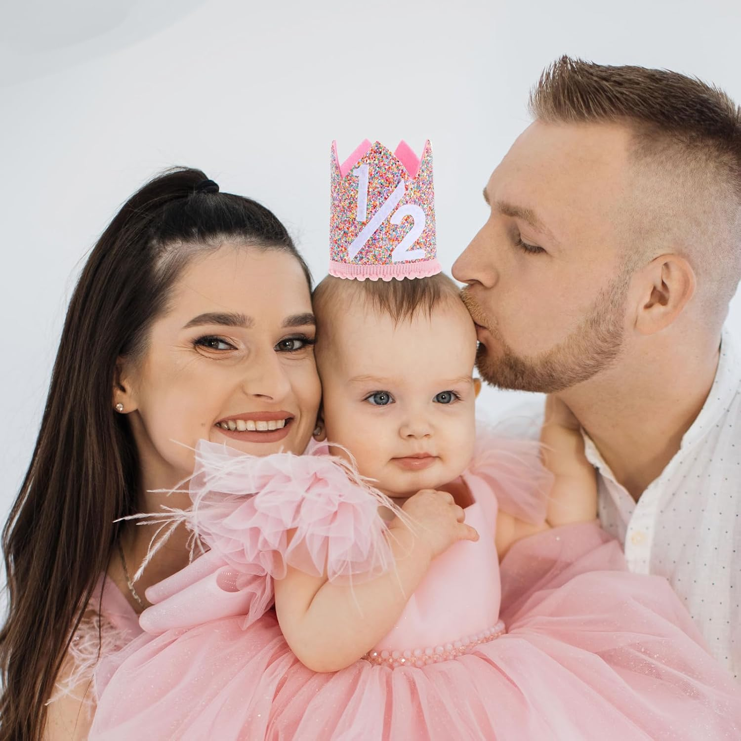 Pink 1/2 Birthday Crown, Half Birthday Hat with Glitter and Confetti for 1/2 Birthday Girl or Boy, Ages 0-2 image number 6