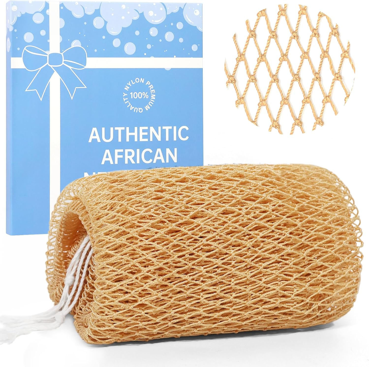 African Net Sponge with Knots,Authentic Exfoliating Bath Sponge for Deep Cleansing, Long-Lasting Body Scrub, Shower & Bath Accessories for Women & Men (Gold)