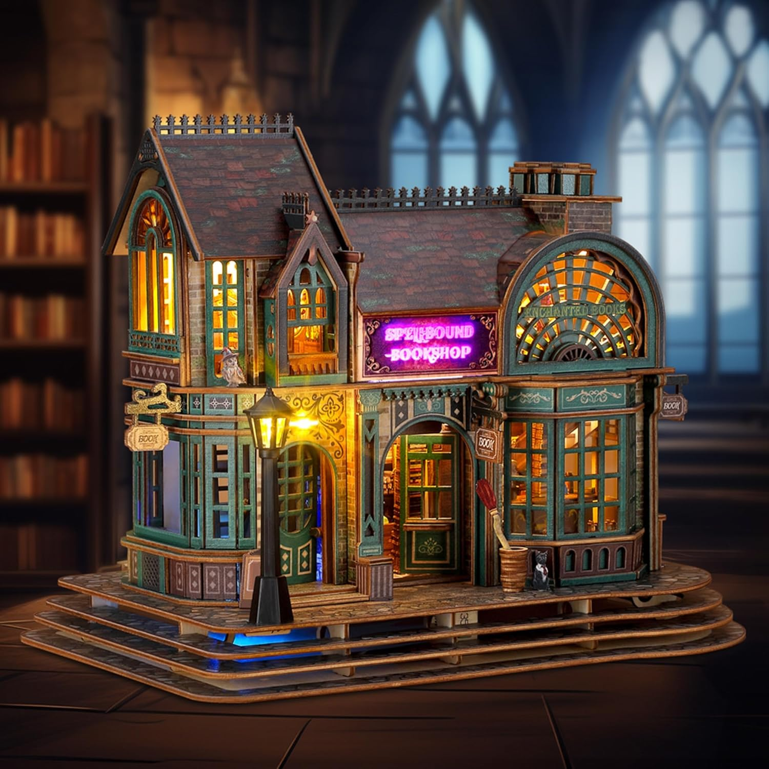 LED 3D Wood Puzzle - Magic Bookshop Building Model Kit with Leds - DIY Miniature Magical Bookstore - 3D Puzzle Architecture Craft Adults image number 3
