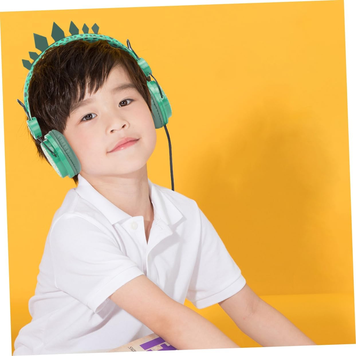 SHINEOFI Children On-Ear Headphones with Microphone for Boys and Girls, Dinosaur Cartoon Design, Wired Over-Ear Headset Suitable for School and Computer Use, Green Color image number 5