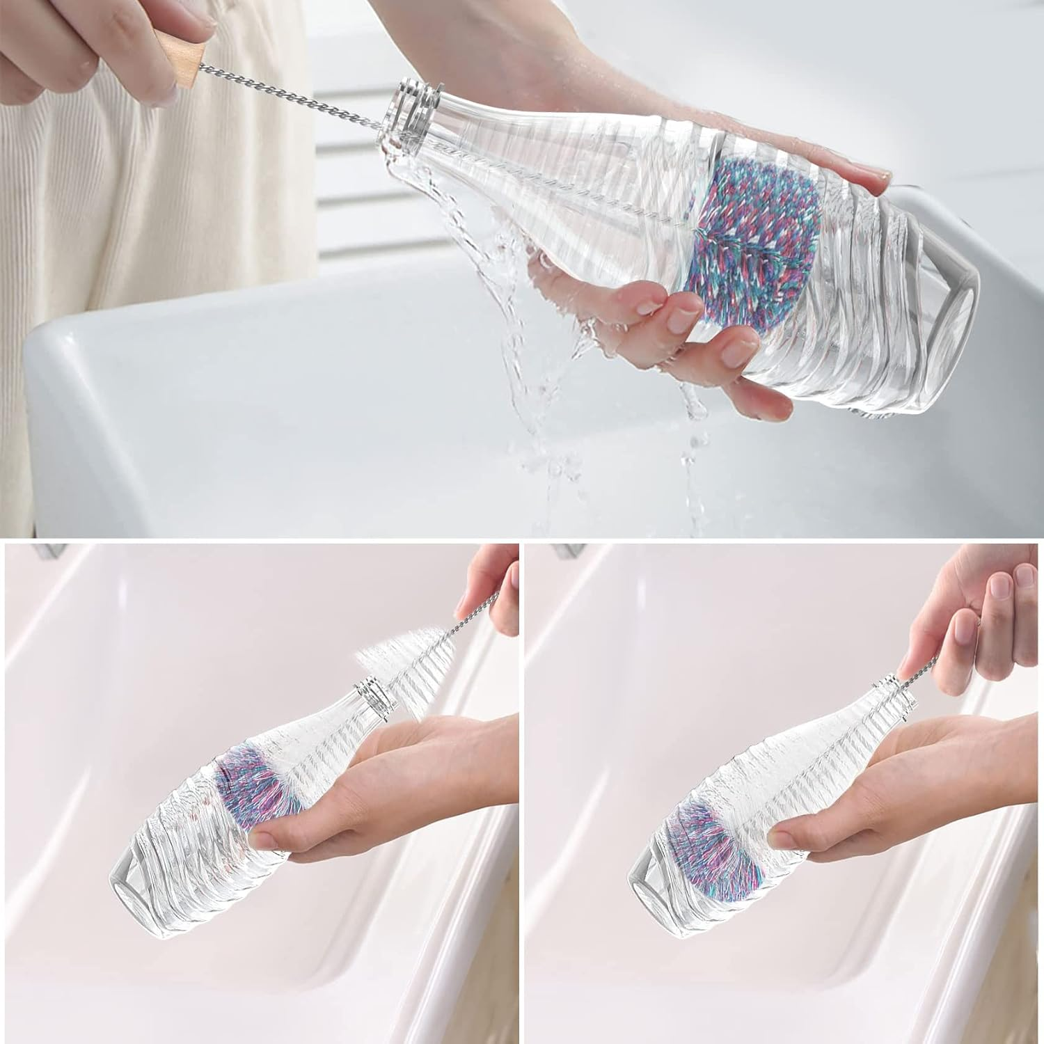 Bottle Brush for Sodastream Glass Bottles, 2 Pack White, Nylon Bristles, Stainless Steel + Nylon, Long Handle image number 4