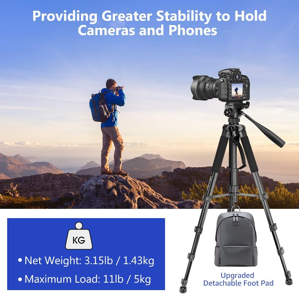 Aureday 74&rsquo;&rsquo; Camera Tripod with Travel Bag,Cell Phone Tripod with Wireless Remote and Phone Holder, Compatible with DSLR Cameras,Cell Phones,Projector,Webcam,Spotting Scopes(Black) image number 5
