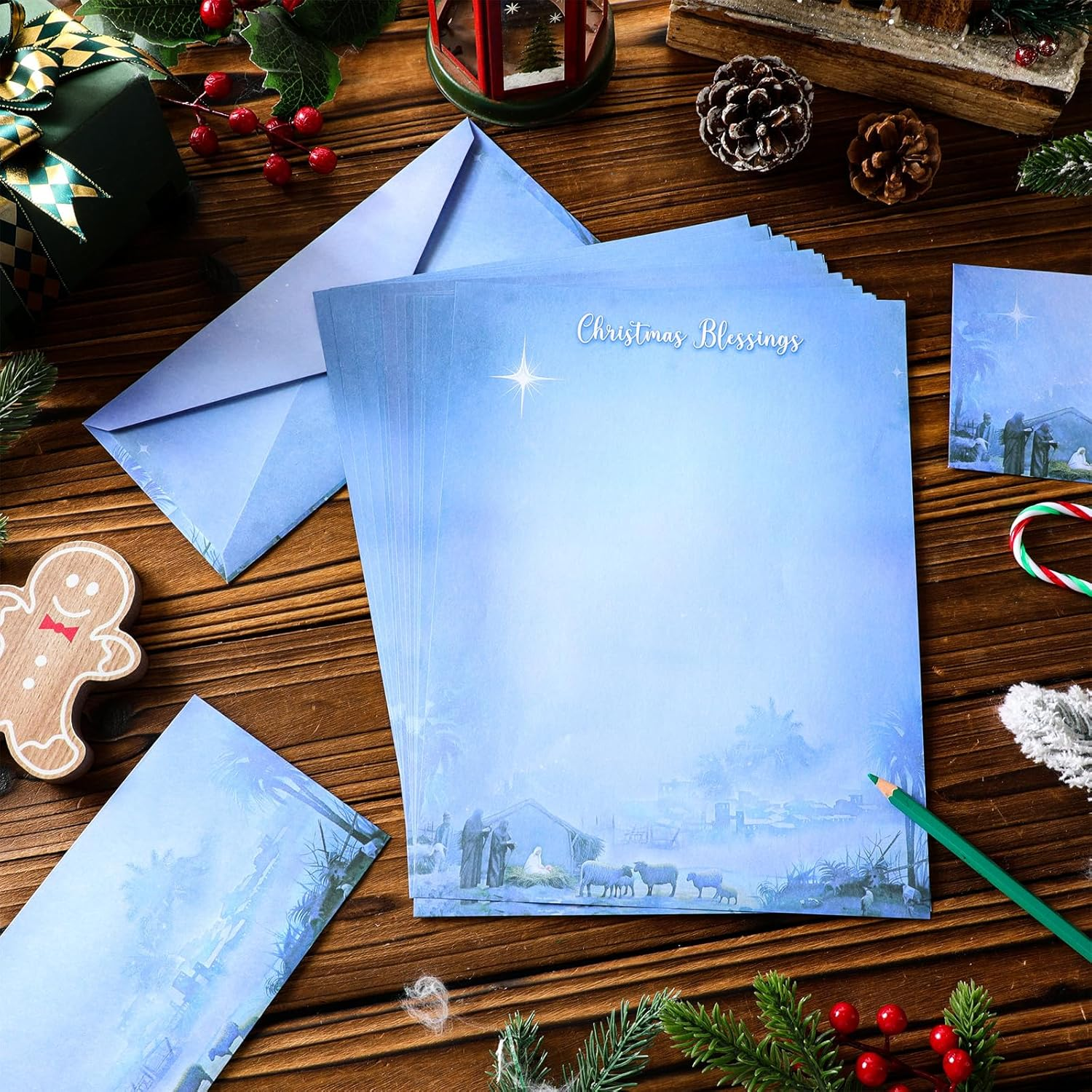 80 Sets "Wondrous Light" Religious Christmas Paper with Envelopes Nativity Scene Christmas Stationery Paper Christmas Holiday Letterhead Paper for Letter Writing Notes Greeting Card Invitation