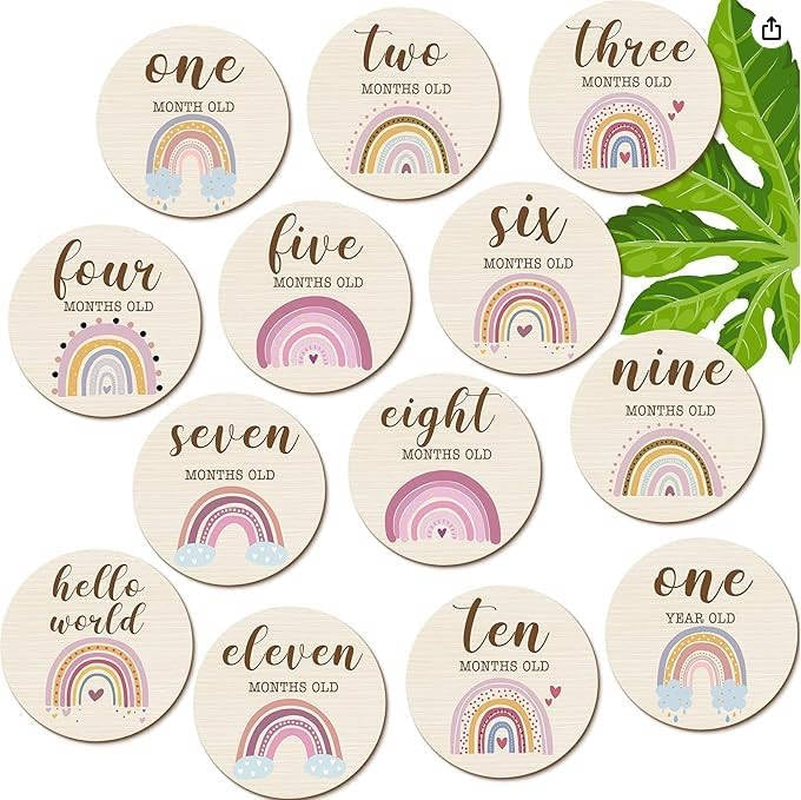 13Pcs Baby Monthly Milestone Wooden Cards, Boho Rainbow Double Sided Printed Milestone Discs Gift with Storage Bag, Photography Prop Discs Sets Birth Announcement Sign for Baby Shower Newborn Pregnancy image number 2