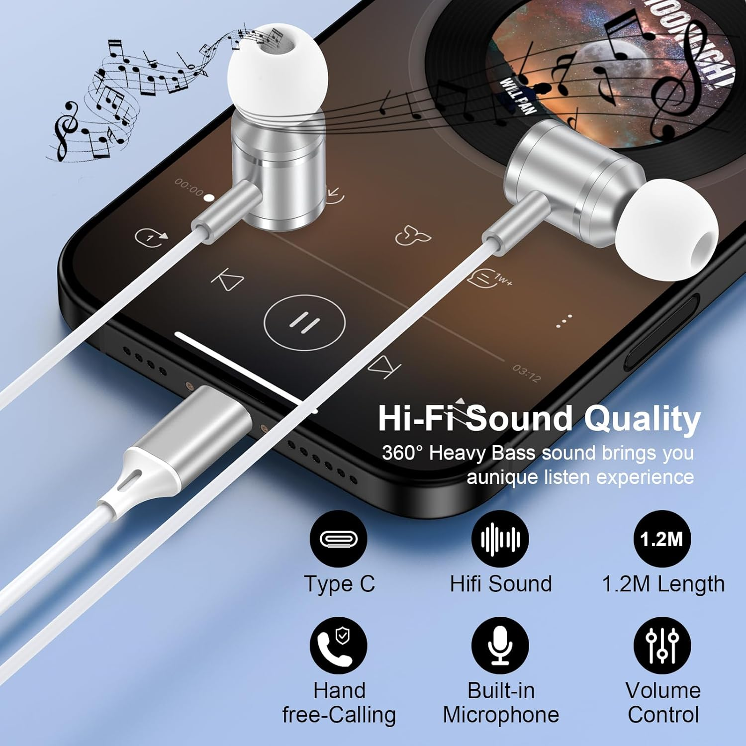USB C Headphones with Cable for Samsung Galaxy S25 Ultra S24 S23 S22 S21 A17 5G A16 A36 A56 A55, In-Ear Headphones USB C Headset with Microphone Earphones Type C for Iphone 17 Air 16 15 I Pad Pro