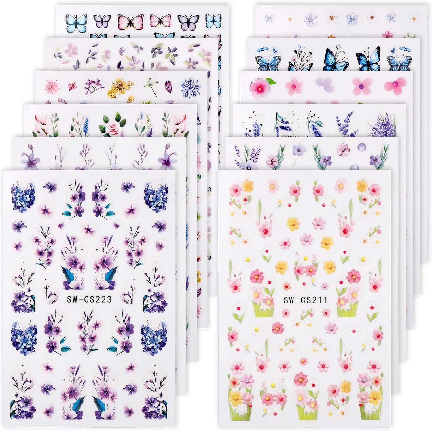 12 Sheets Flower Nail Stickers, 3D Self-Adhesive Flower and Leaf Plant Nail Decals Spring Summer DIY Manicure Decorations for Women Girls image number 5