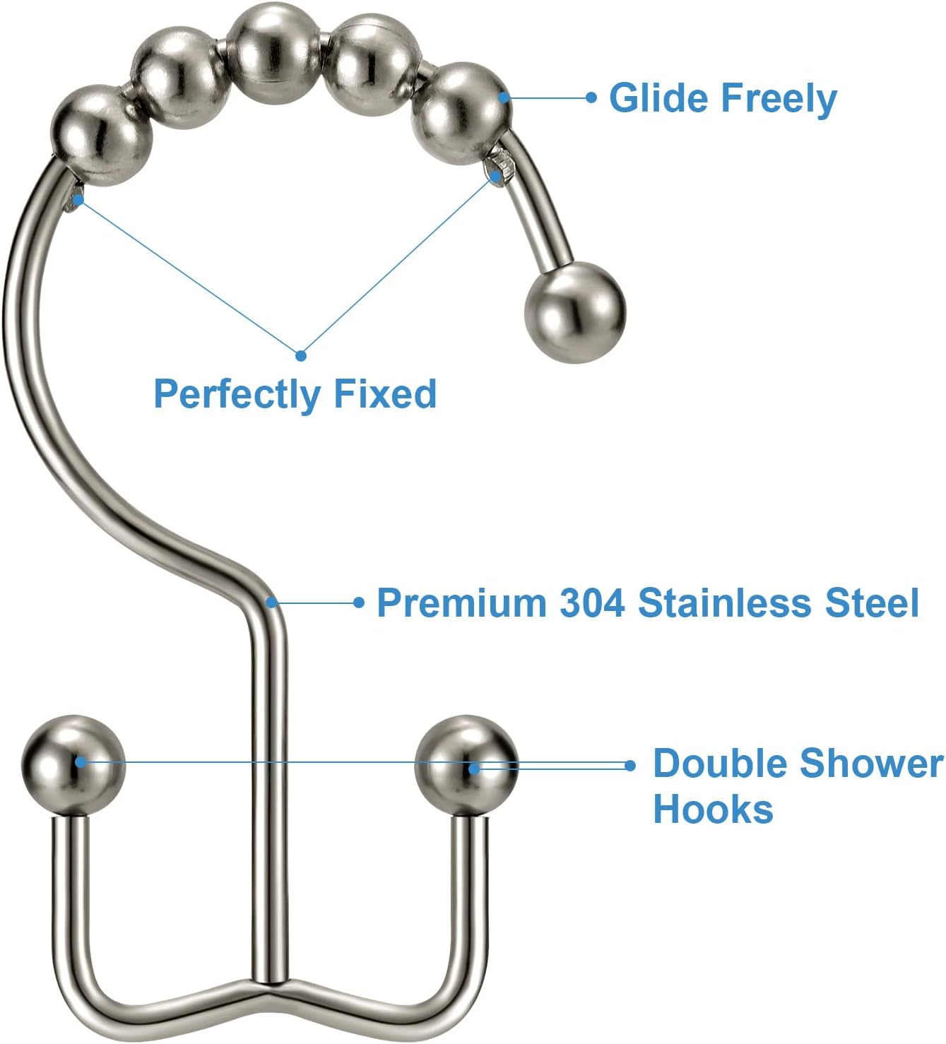 TENOVEL Never Rust 304 Stainless Steel Shower Rings, Heavy Duty Roller Double Glide Shower Curtain Hooks for Bathroom Shower Liners, Brushed Nickel, Set of 12 Hooks - Brushed Nickel image number 6